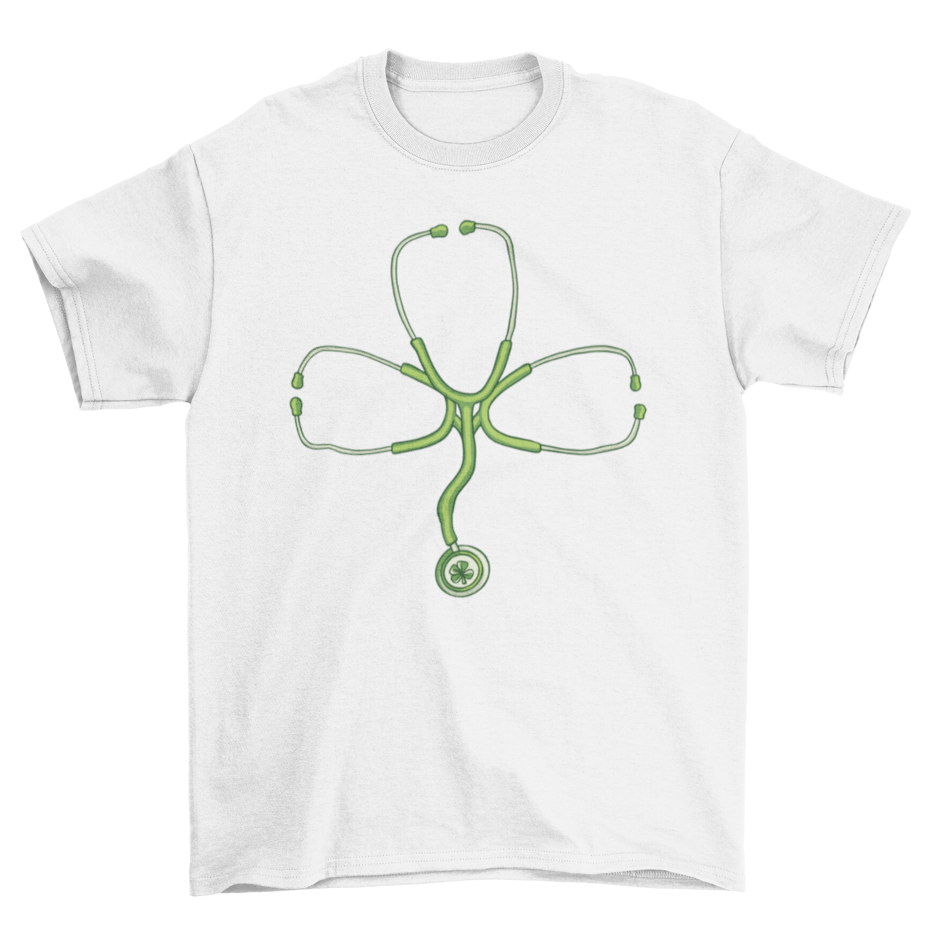 A stylish t-shirt featuring a stethoscope designed in the shape of a clover, perfect for healthcare professionals.