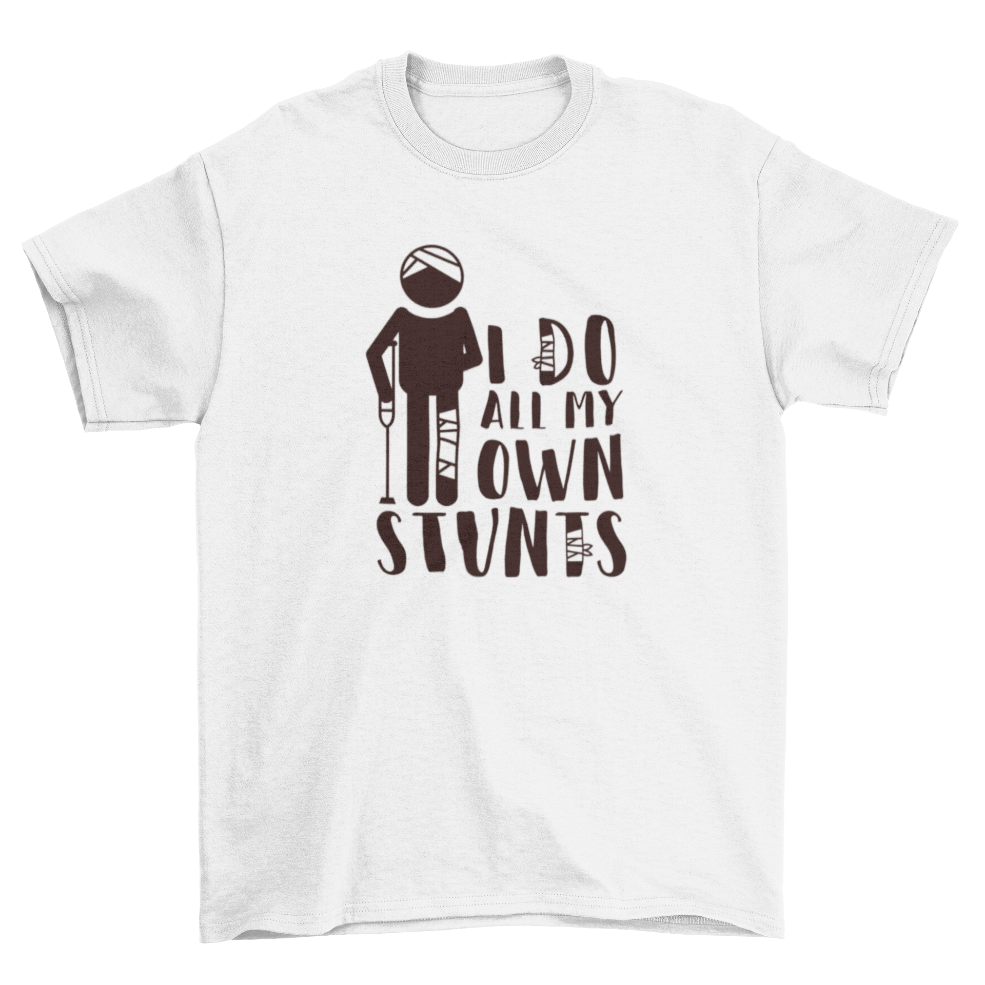 A humorous t-shirt featuring a stick figure with bandages and the quote 'I do all my own stunts'.