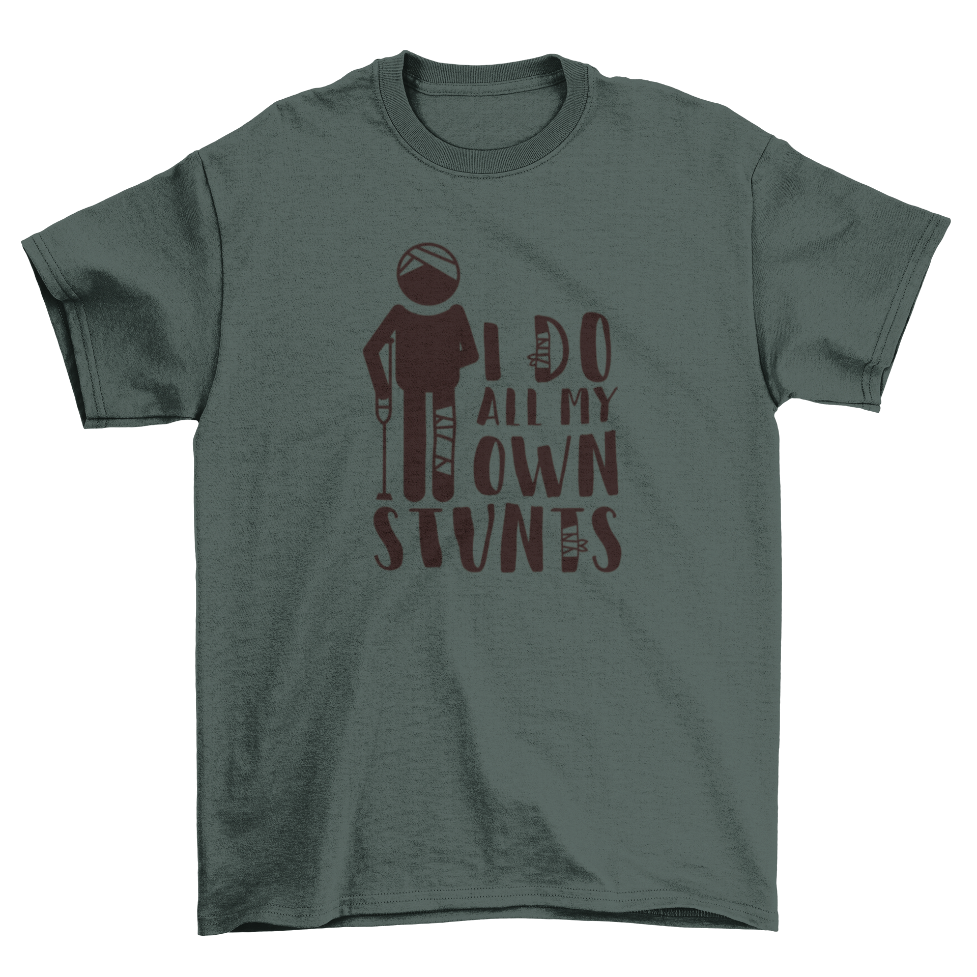 A humorous t-shirt featuring a stick figure with bandages and the quote 'I do all my own stunts'.