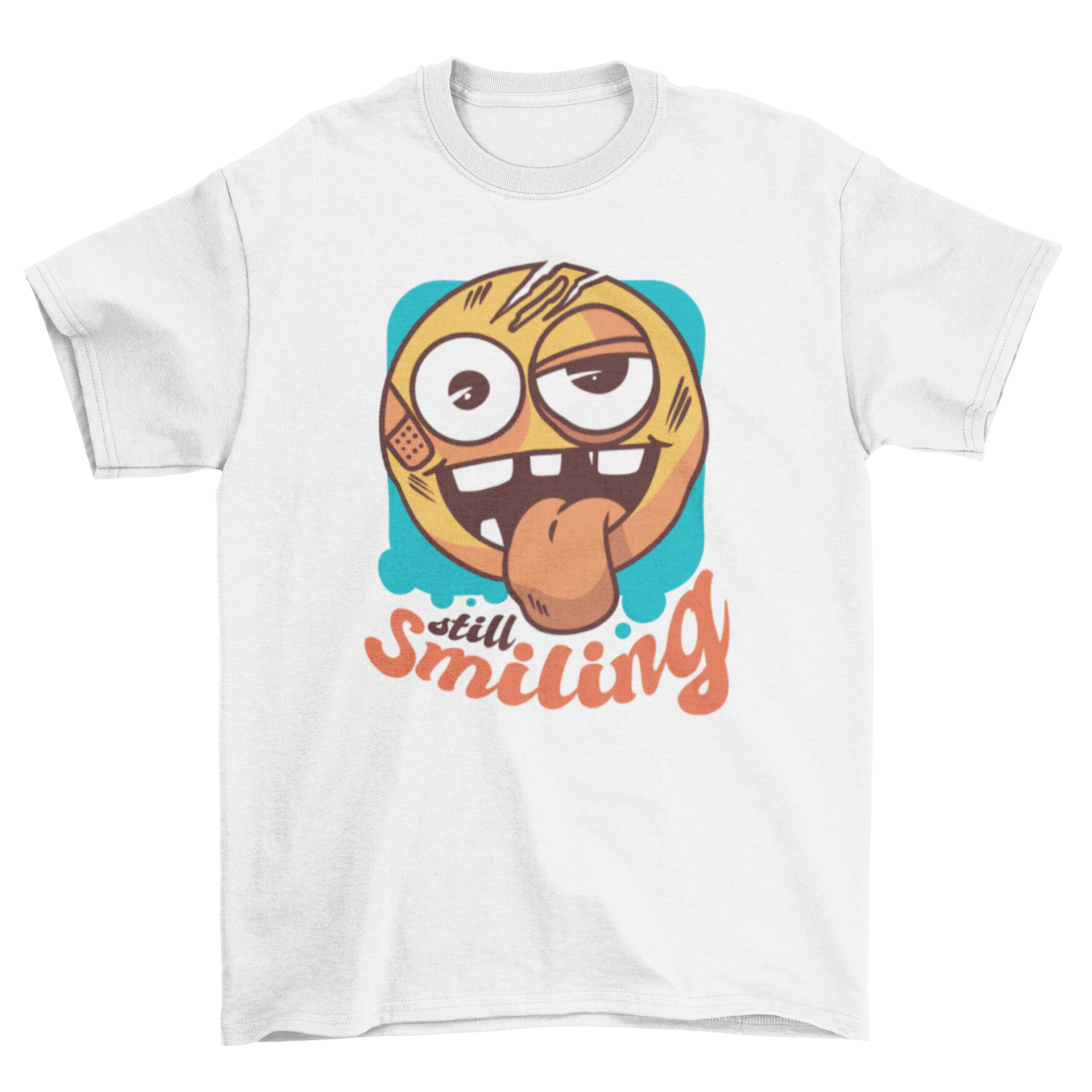 Still Smiling T-Shirt featuring a beat-up smiling emoji and humorous quote.