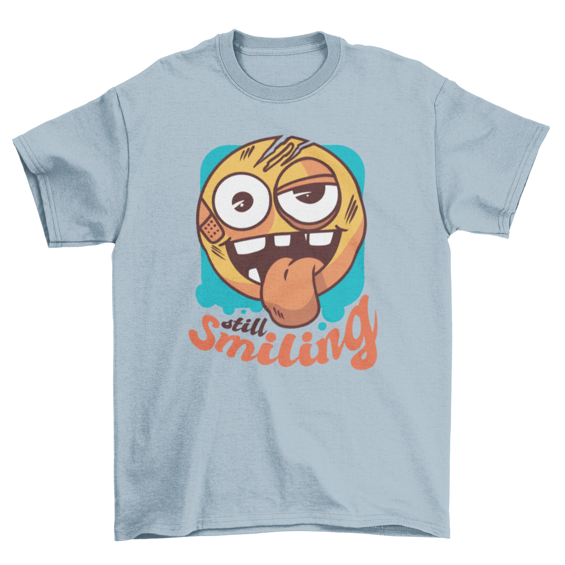 Still Smiling T-Shirt featuring a beat-up smiling emoji and humorous quote.