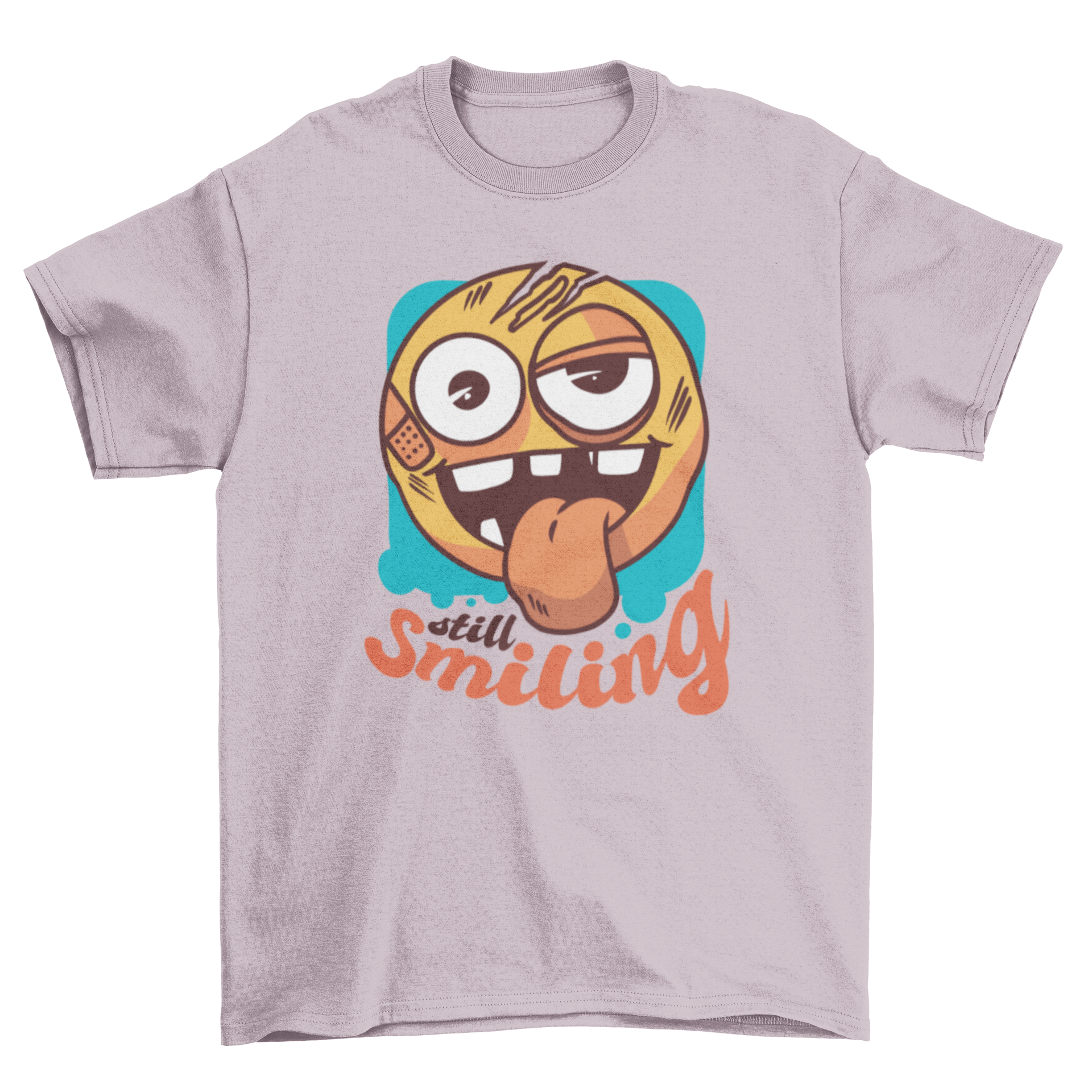 Still Smiling T-Shirt featuring a beat-up smiling emoji and humorous quote.