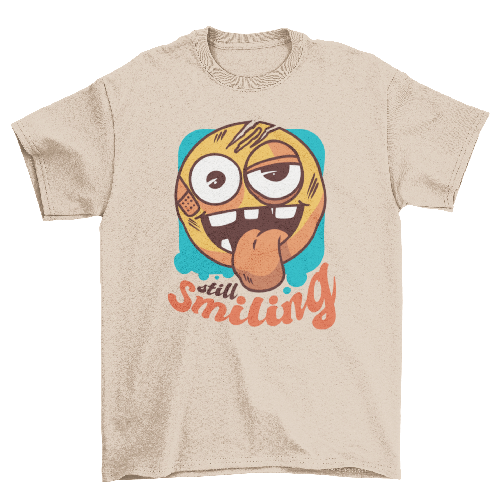 Still Smiling T-Shirt featuring a beat-up smiling emoji and humorous quote.