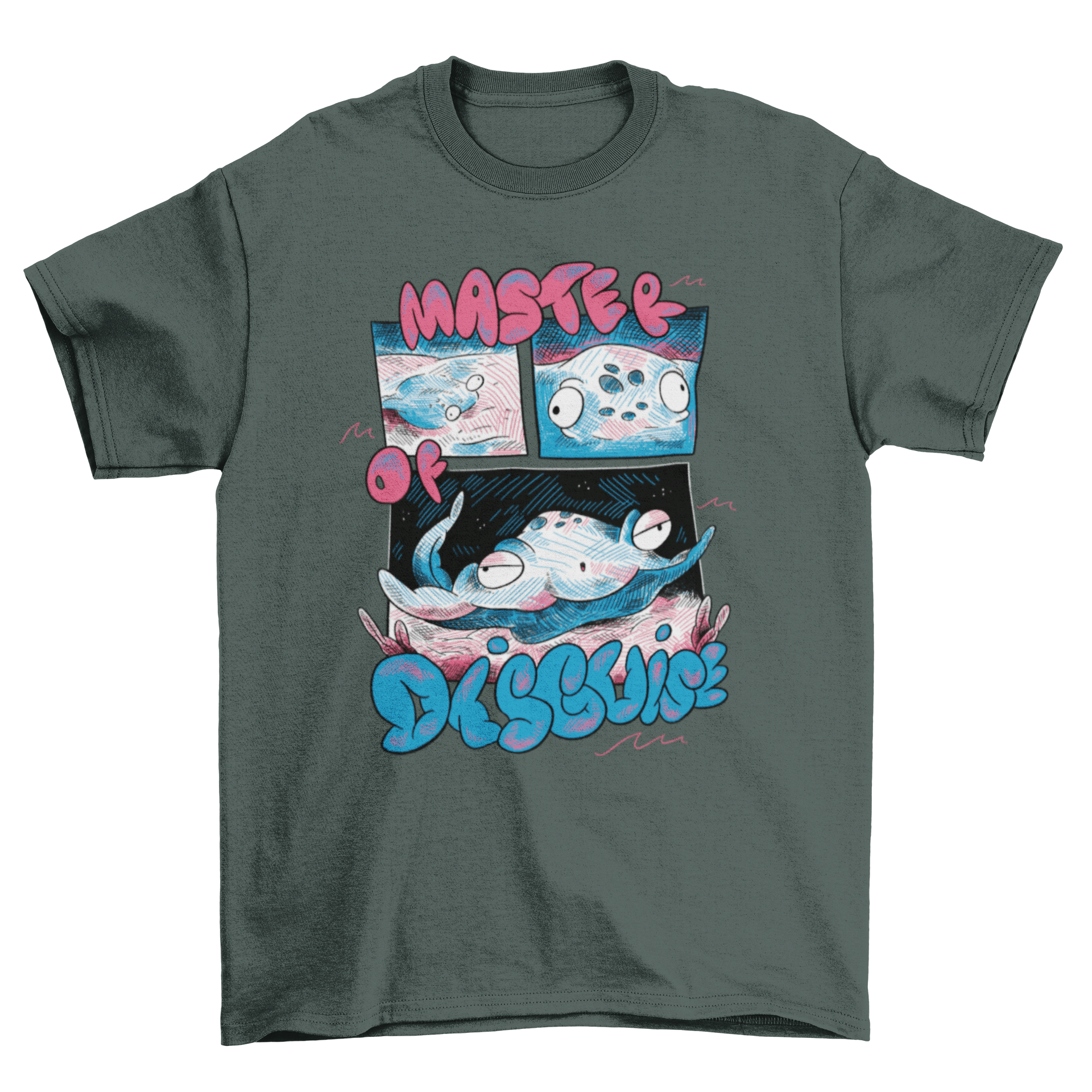 A stylish t-shirt featuring a stingray swimming in the ocean with the quote 'Master of disguise' elegantly displayed.