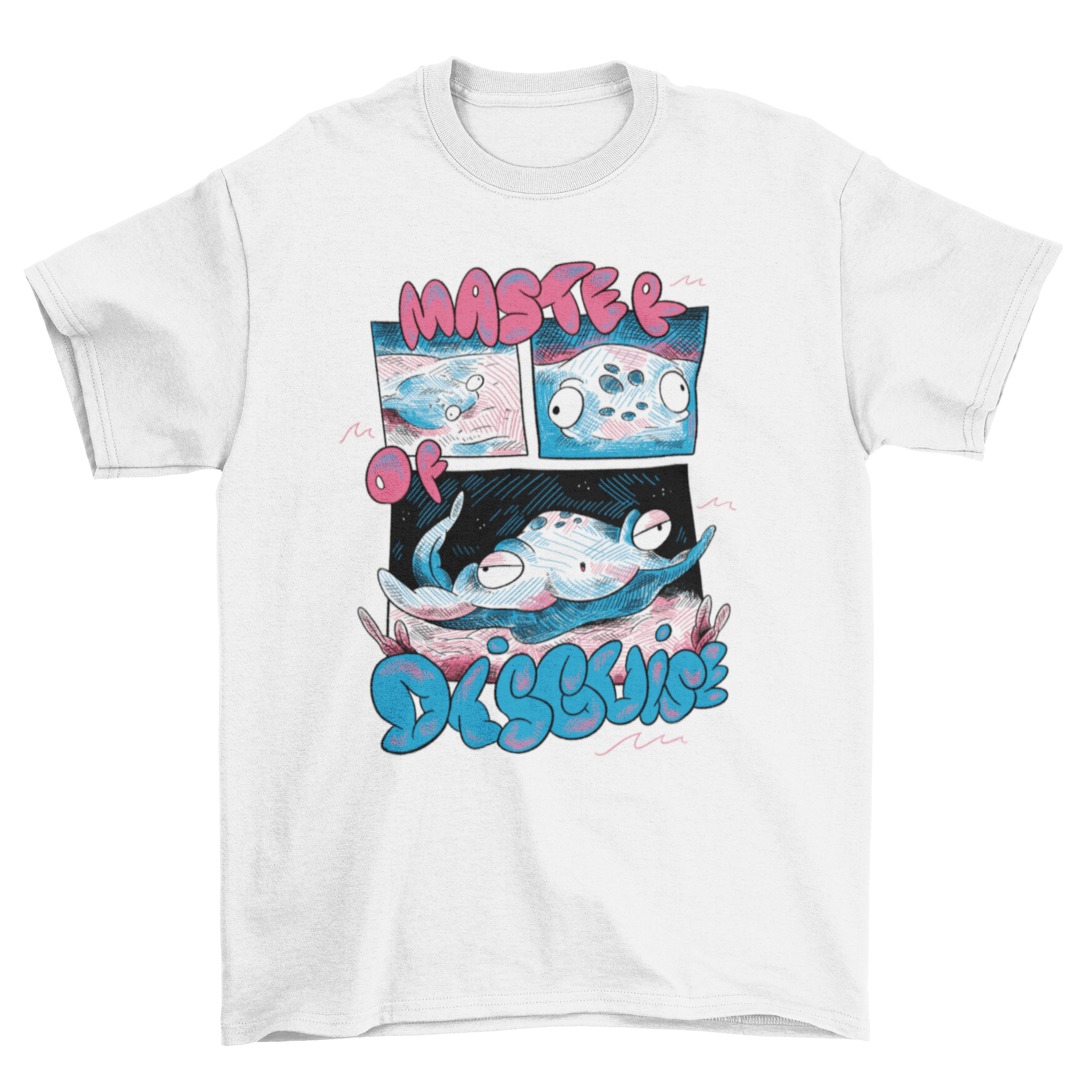 A stylish t-shirt featuring a stingray swimming in the ocean with the quote 'Master of disguise' elegantly displayed.