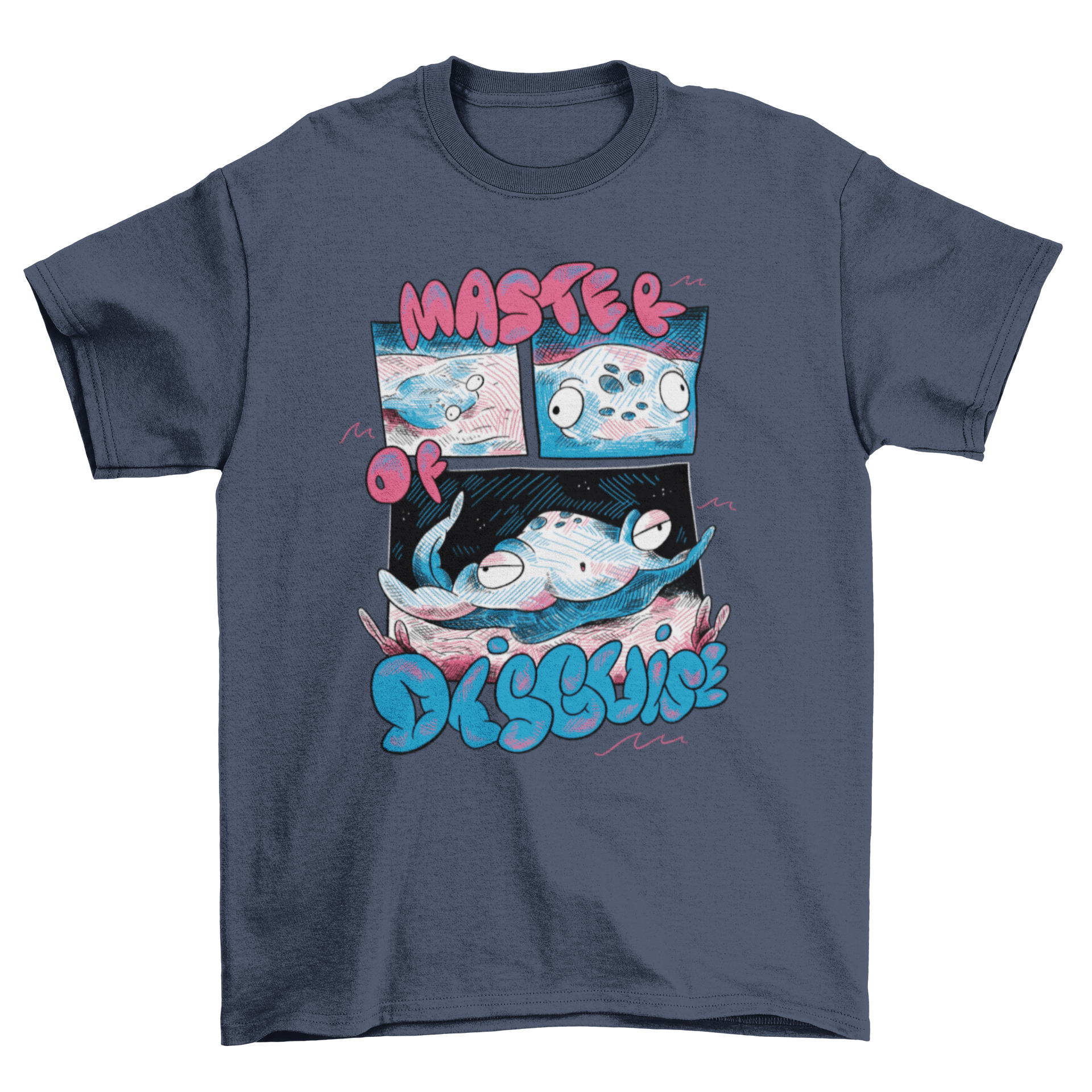 A stylish t-shirt featuring a stingray swimming in the ocean with the quote 'Master of disguise' elegantly displayed.