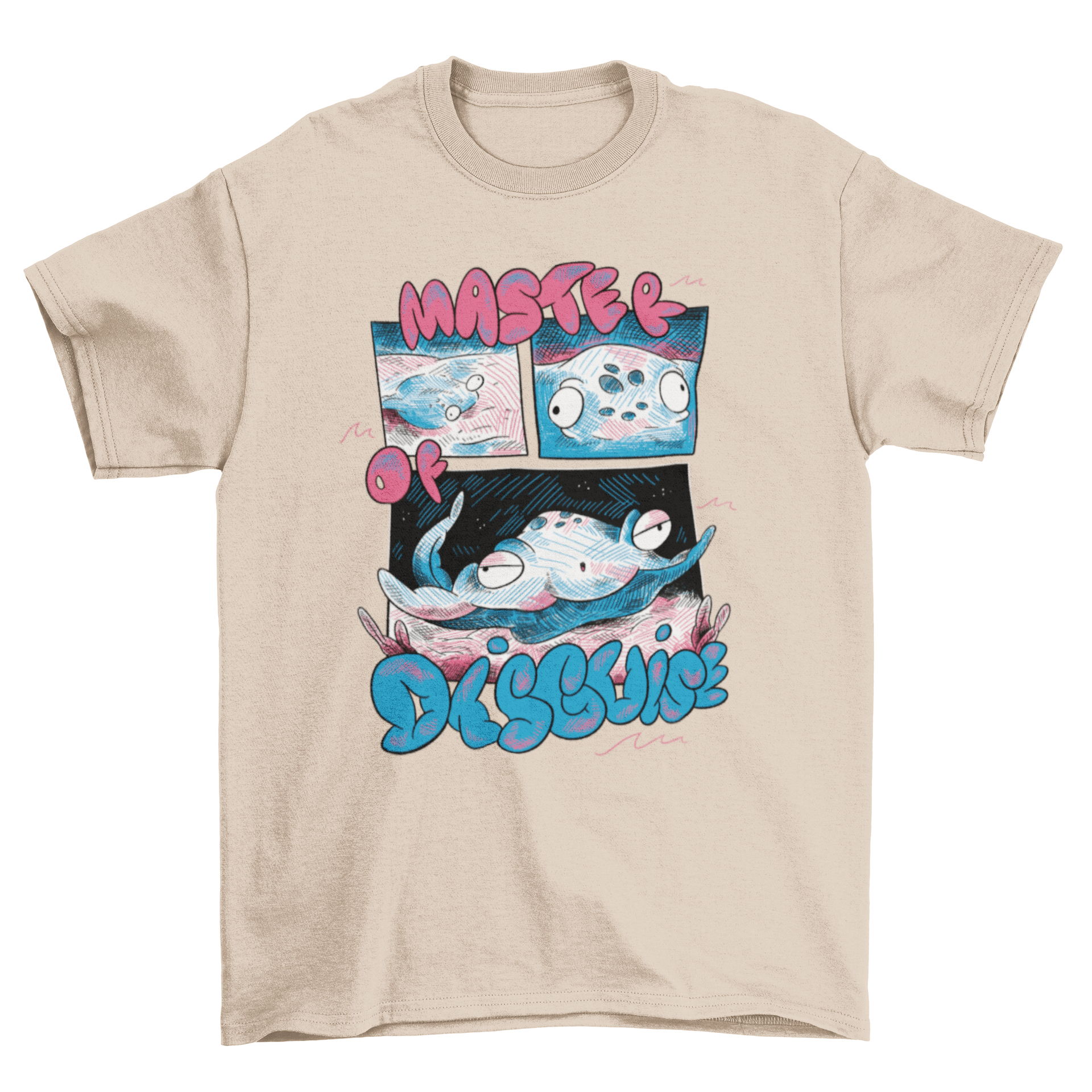 A stylish t-shirt featuring a stingray swimming in the ocean with the quote 'Master of disguise' elegantly displayed.