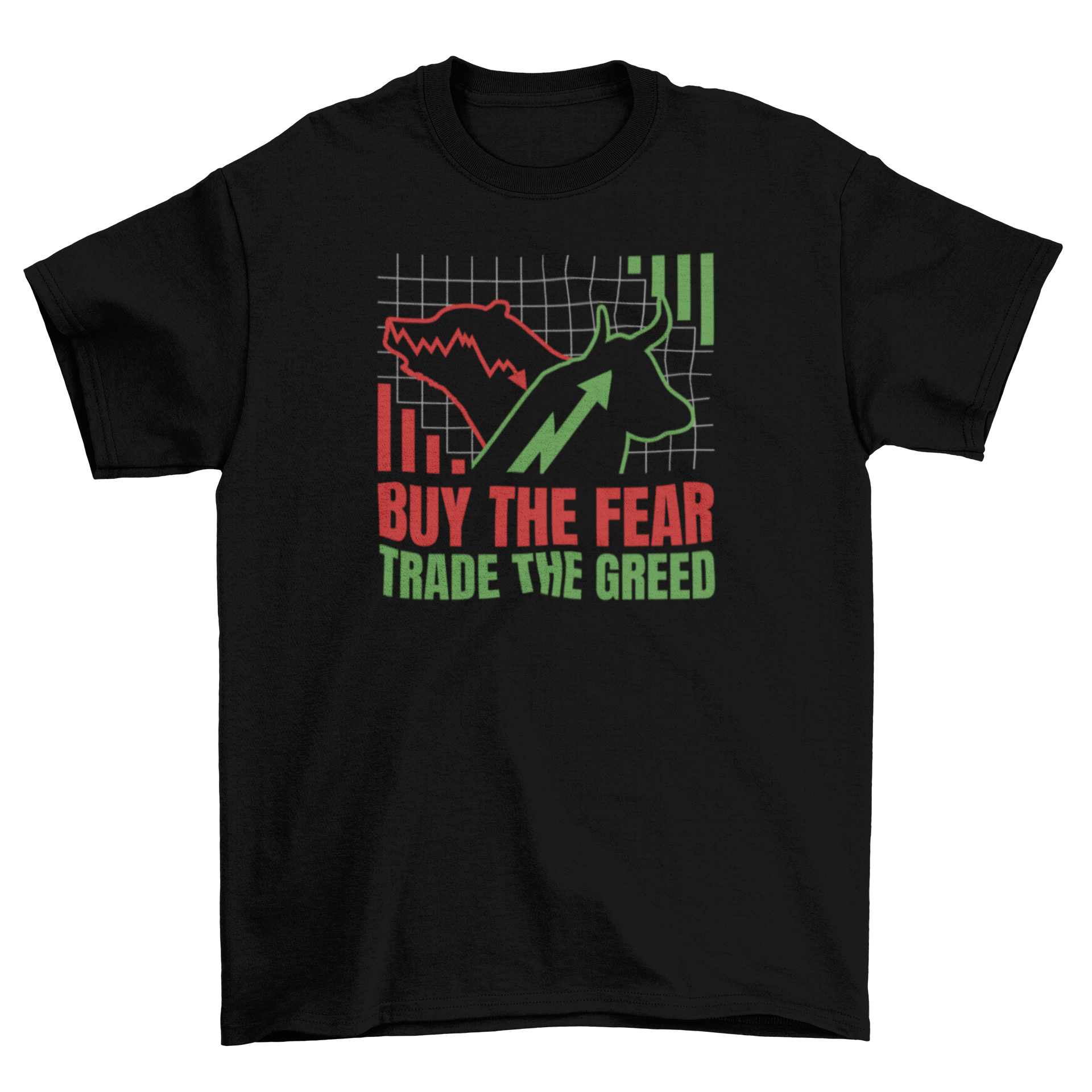 Stylish stock market t-shirt featuring a bull and bear design with the quote 'Buy the fear, trade the greed'.