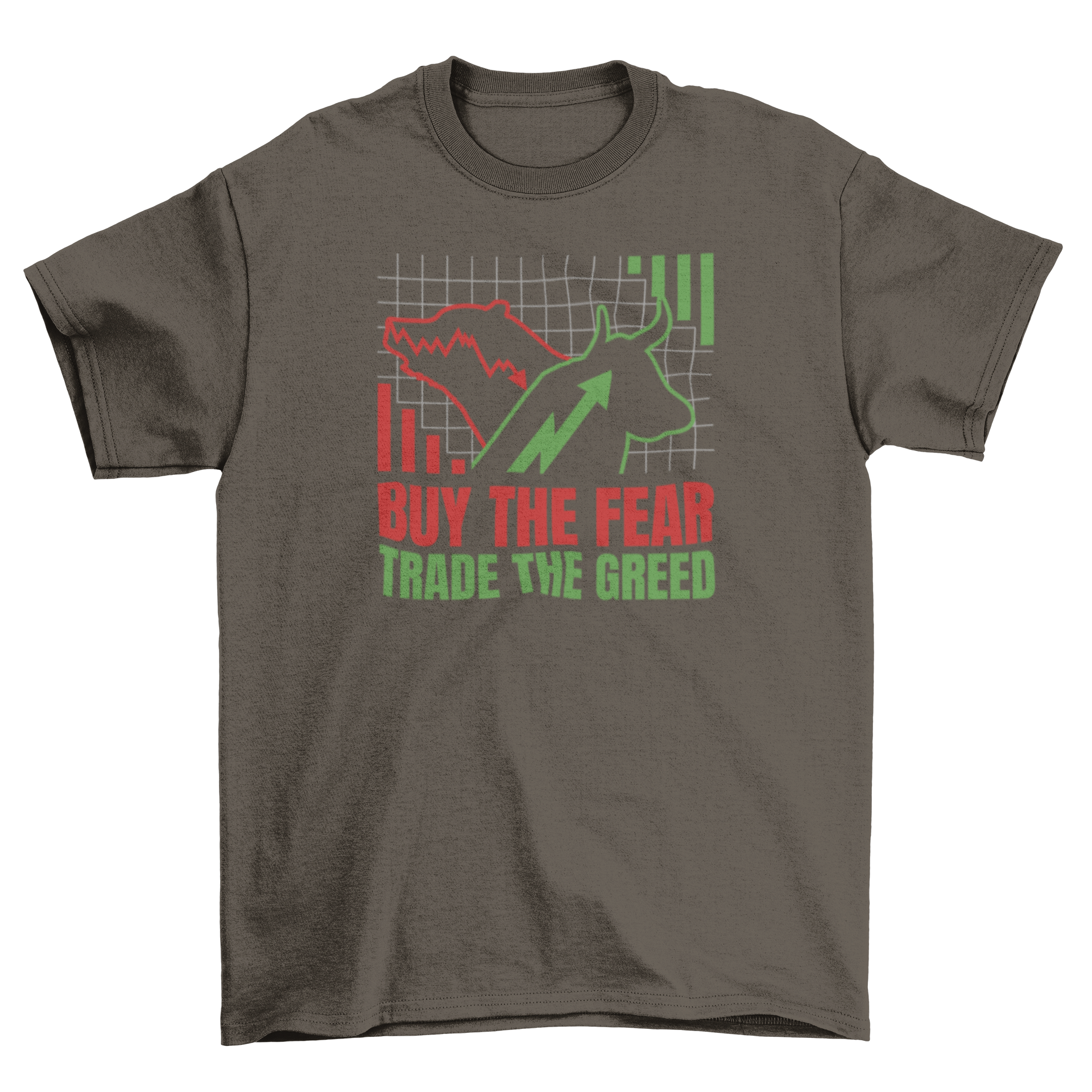 Stylish stock market t-shirt featuring a bull and bear design with the quote 'Buy the fear, trade the greed'.