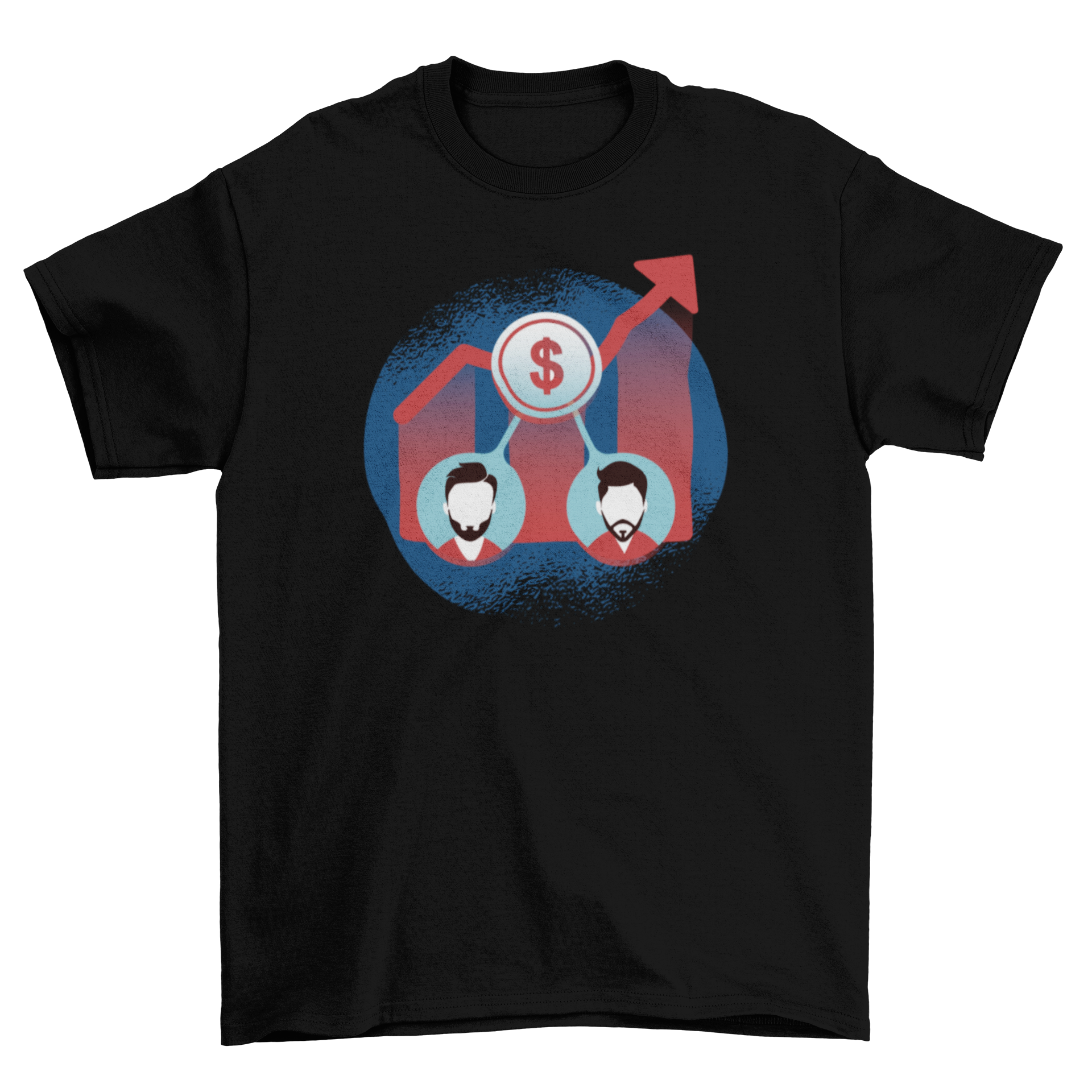 Stocks and Shareholders T-shirt featuring a growing graph and business men silhouettes, perfect for finance enthusiasts.