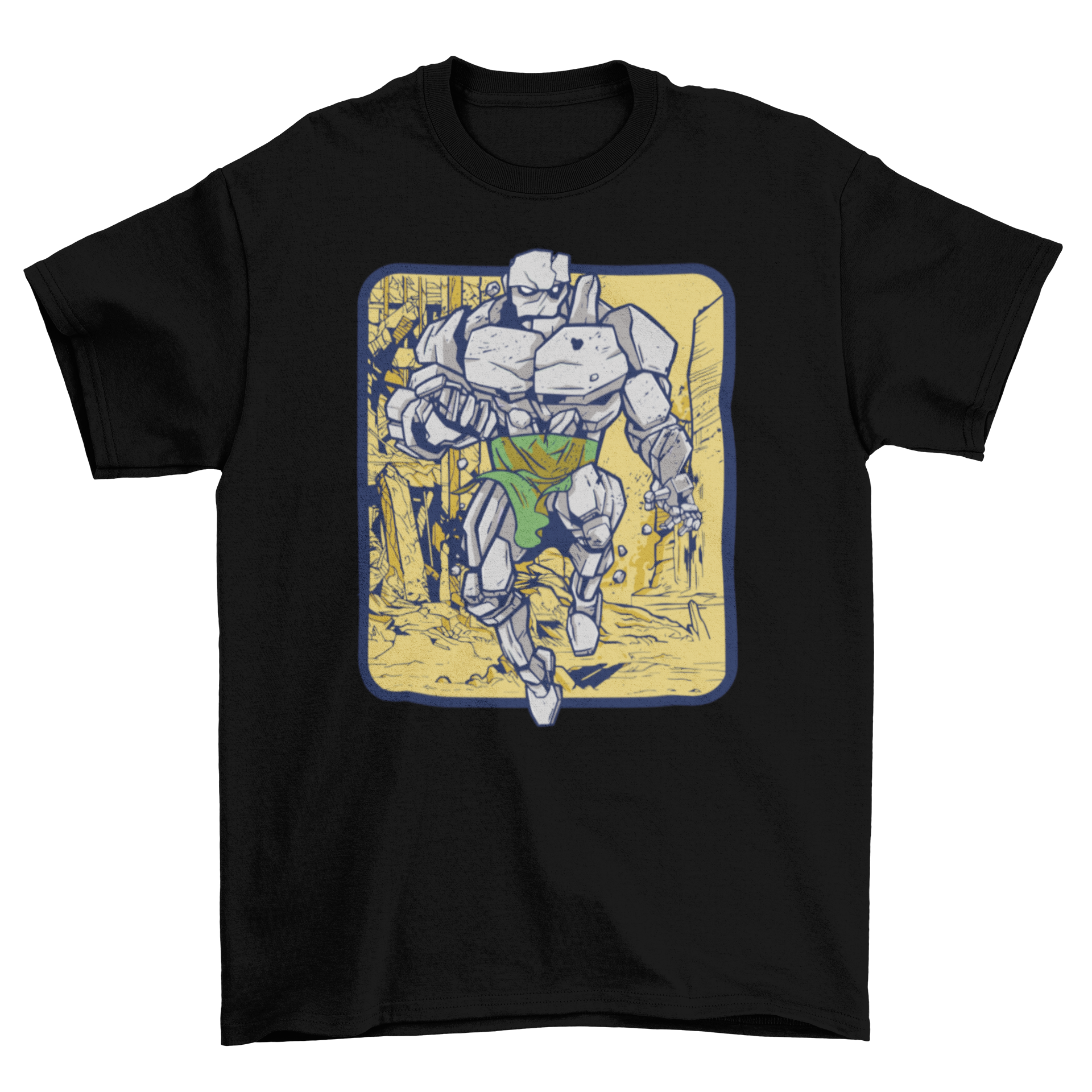 A stylish stone golem t-shirt featuring a detailed graphic of a stone golem, perfect for fantasy fans.