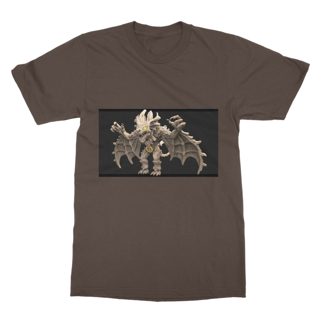 Stone Rock Creature Classic Adult T-Shirt in various colors, showcasing its soft fabric and round neck design.