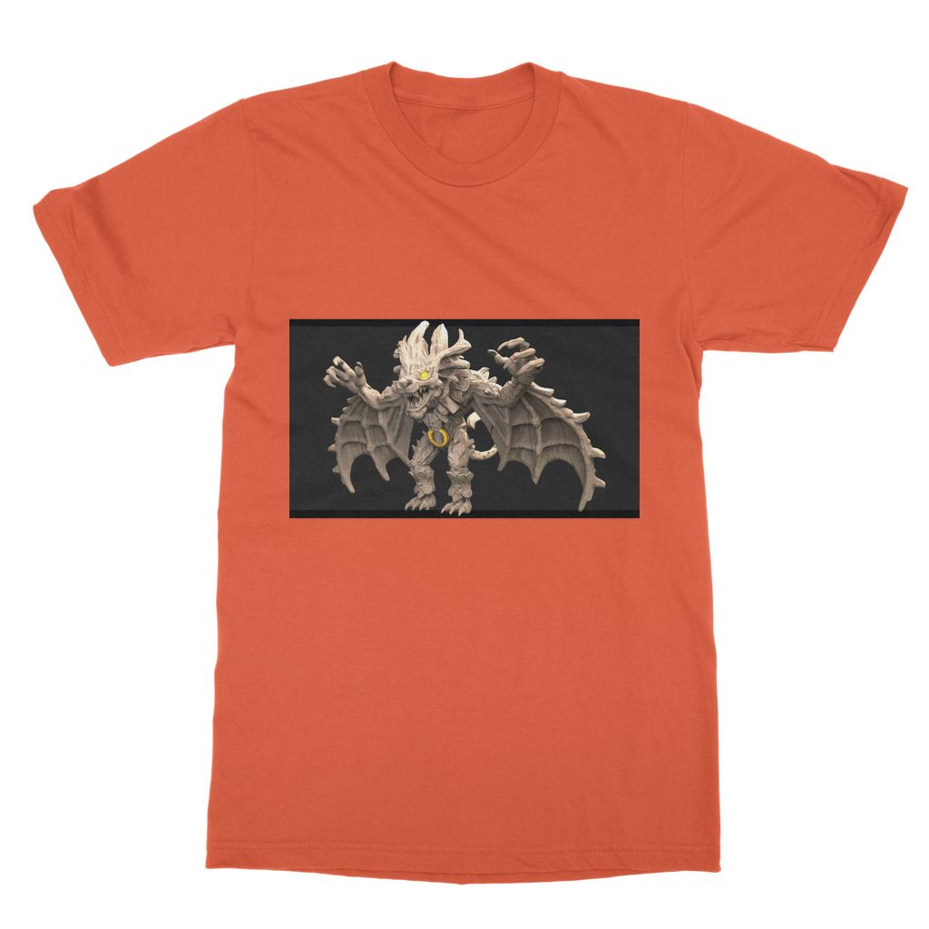 Stone Rock Creature Classic Adult T-Shirt in various colors, showcasing its soft fabric and round neck design.