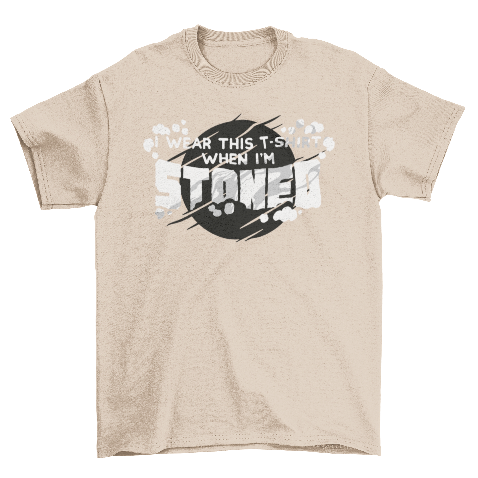 Stoned t-shirt featuring a humorous caption surrounded by smoke clouds on a grey circle background.