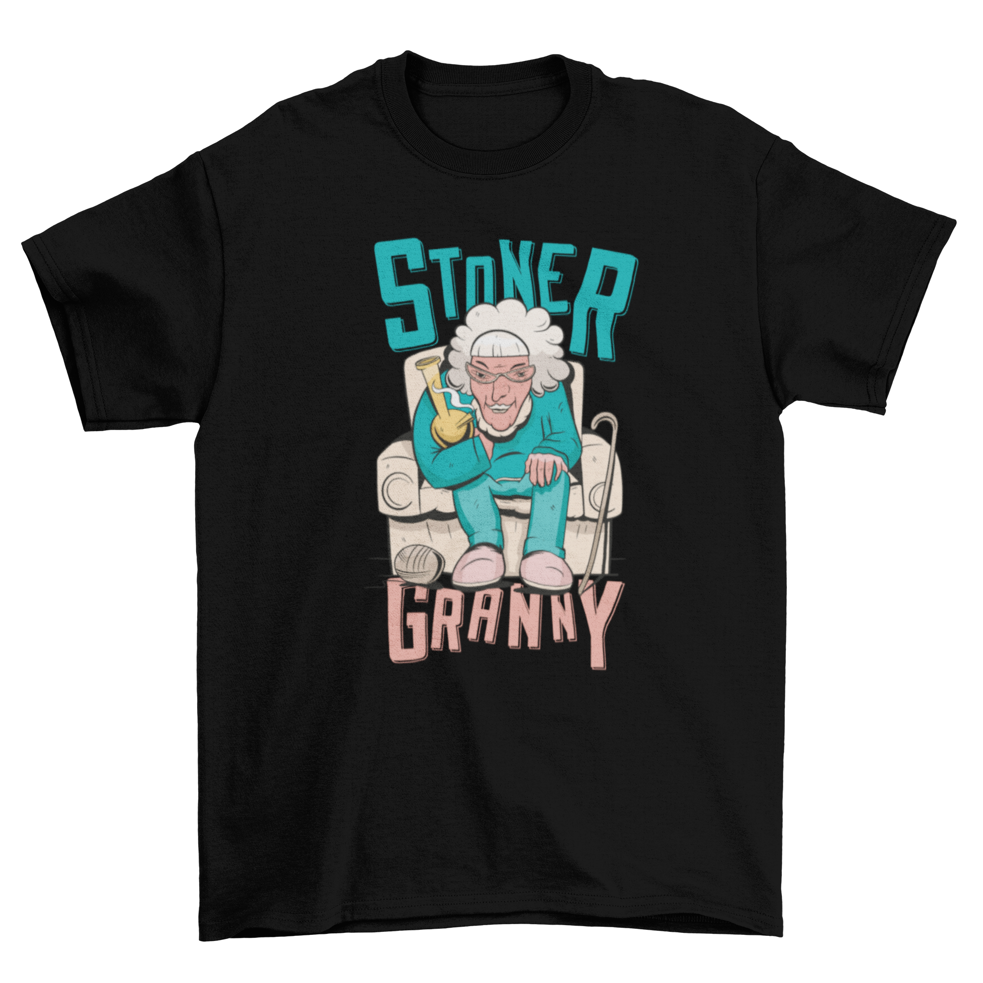 A humorous Stoner Granny T-shirt featuring an old woman enjoying life with a playful design and the quote 'Stoner Granny'.