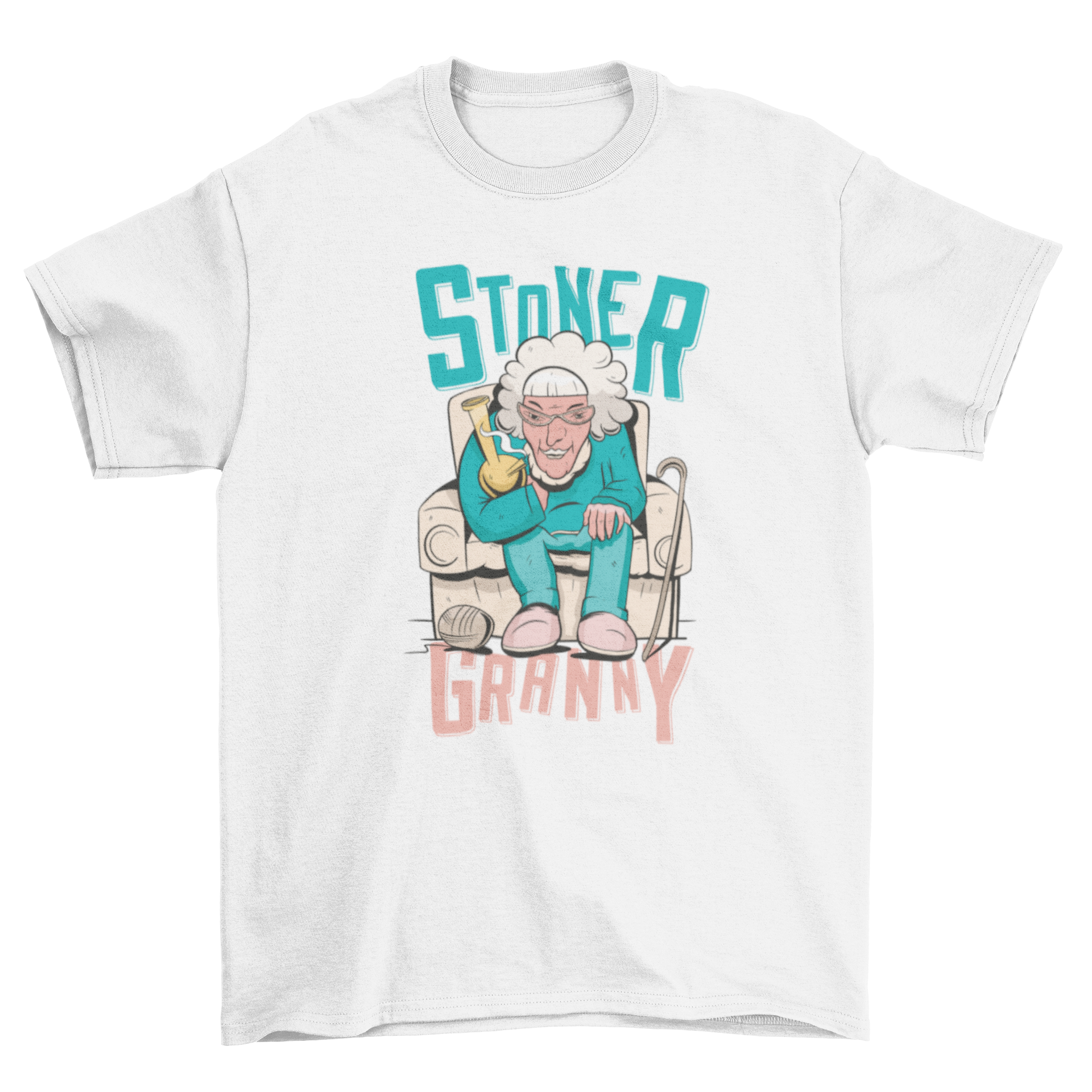 A humorous Stoner Granny T-shirt featuring an old woman enjoying life with a playful design and the quote 'Stoner Granny'.