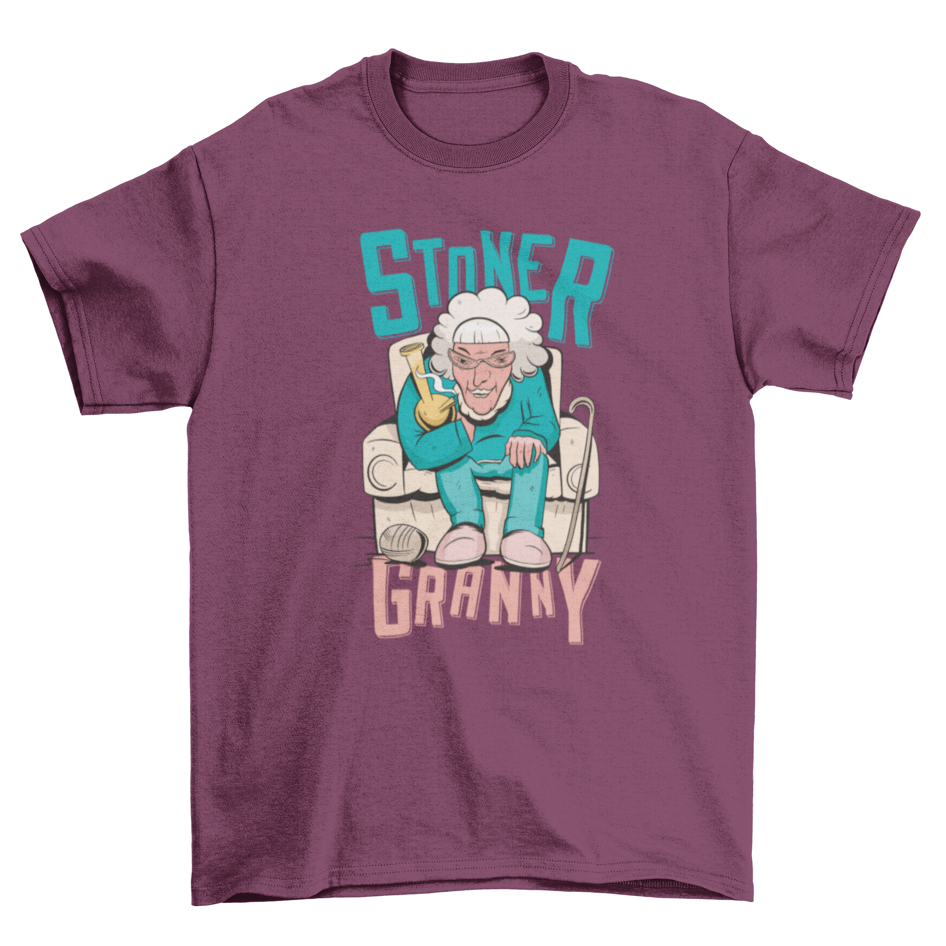 A humorous Stoner Granny T-shirt featuring an old woman enjoying life with a playful design and the quote 'Stoner Granny'.