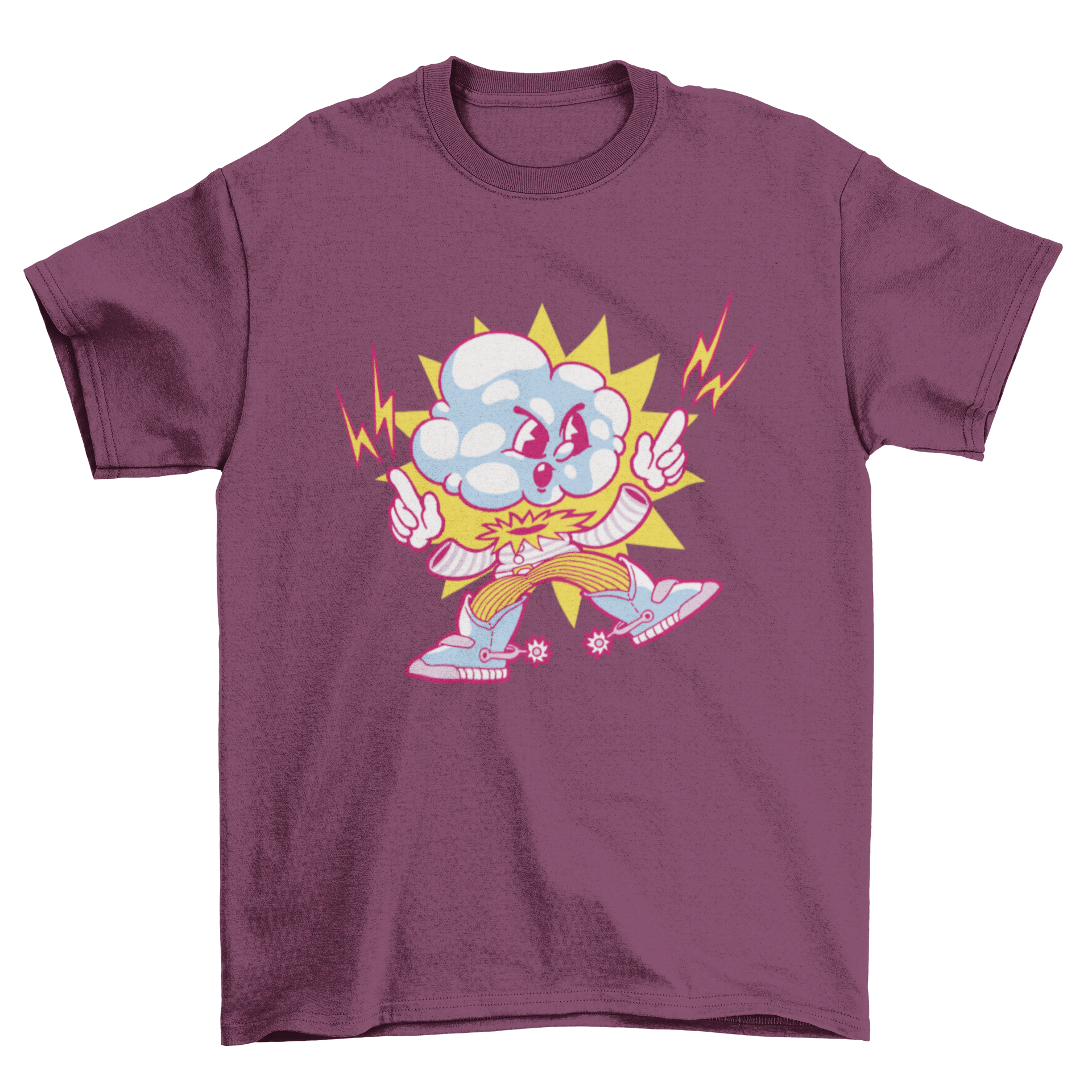 Stormy Character Cowboy Cloud T-Shirt featuring an angry cloud with lightning bolts design, perfect for casual wear.