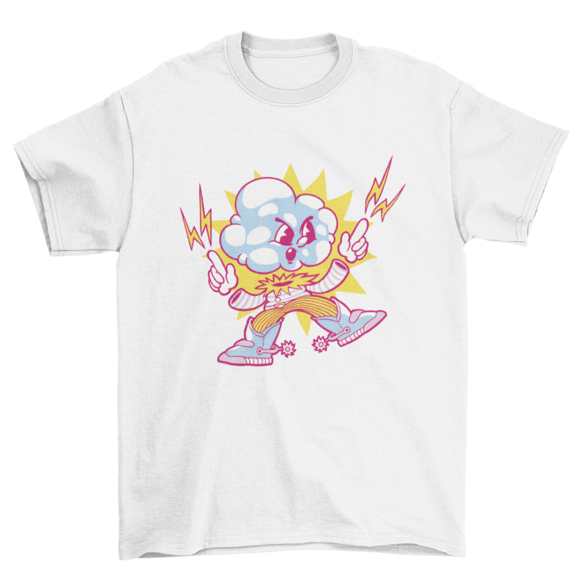 Stormy Character Cowboy Cloud T-Shirt featuring an angry cloud with lightning bolts design, perfect for casual wear.