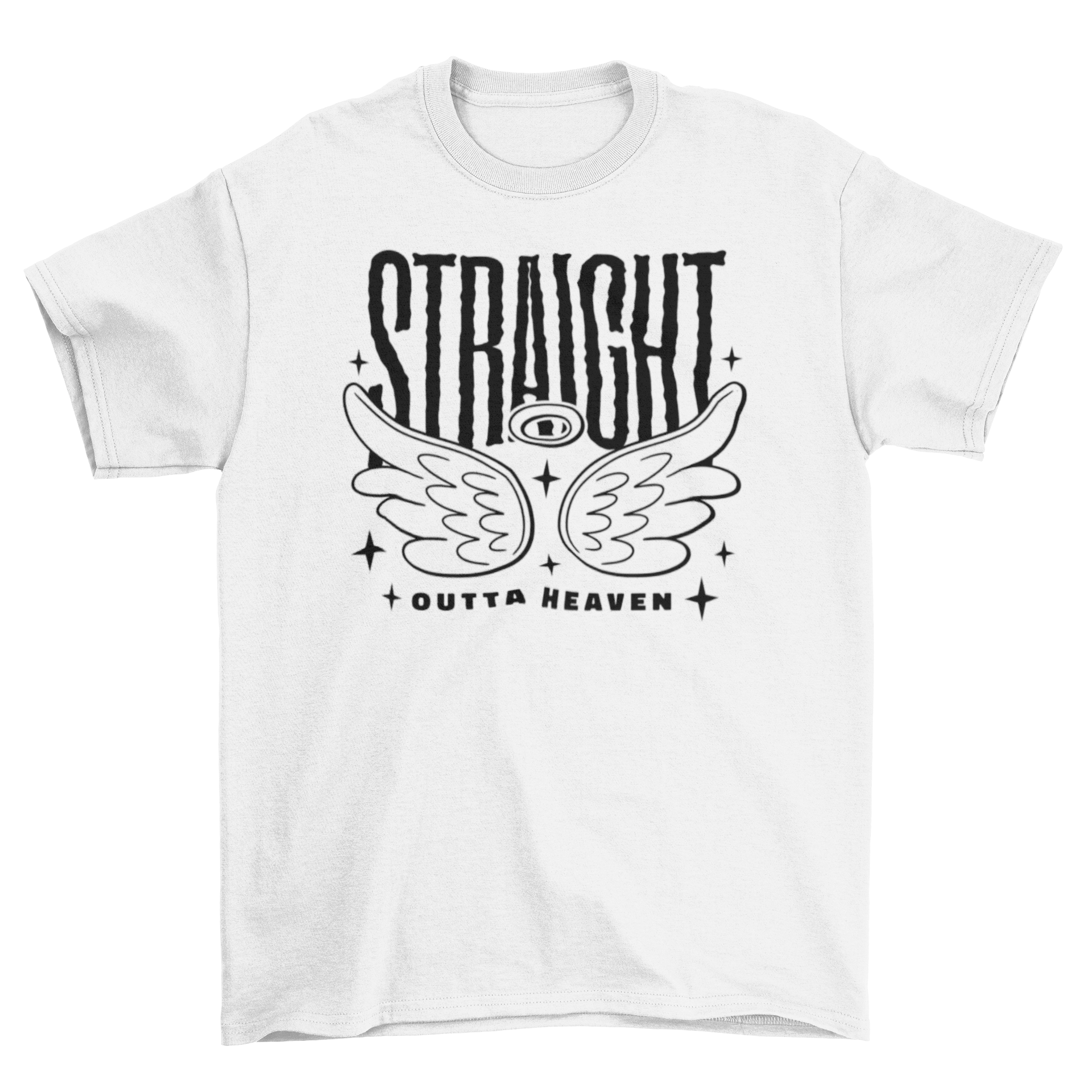 A stylish t-shirt featuring wings and the quote 'Straight Outta Heaven' in bold lettering.