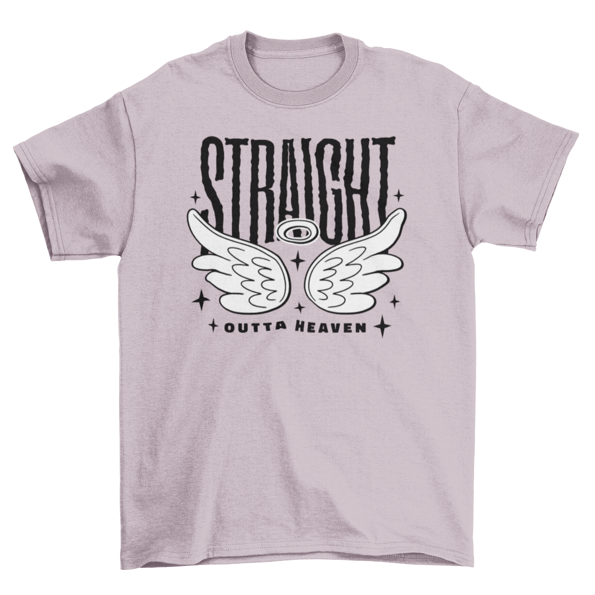 A stylish t-shirt featuring wings and the quote 'Straight Outta Heaven' in bold lettering.