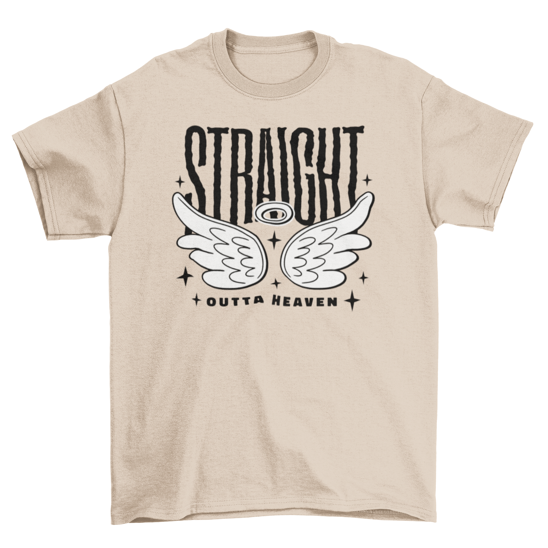 A stylish t-shirt featuring wings and the quote 'Straight Outta Heaven' in bold lettering.