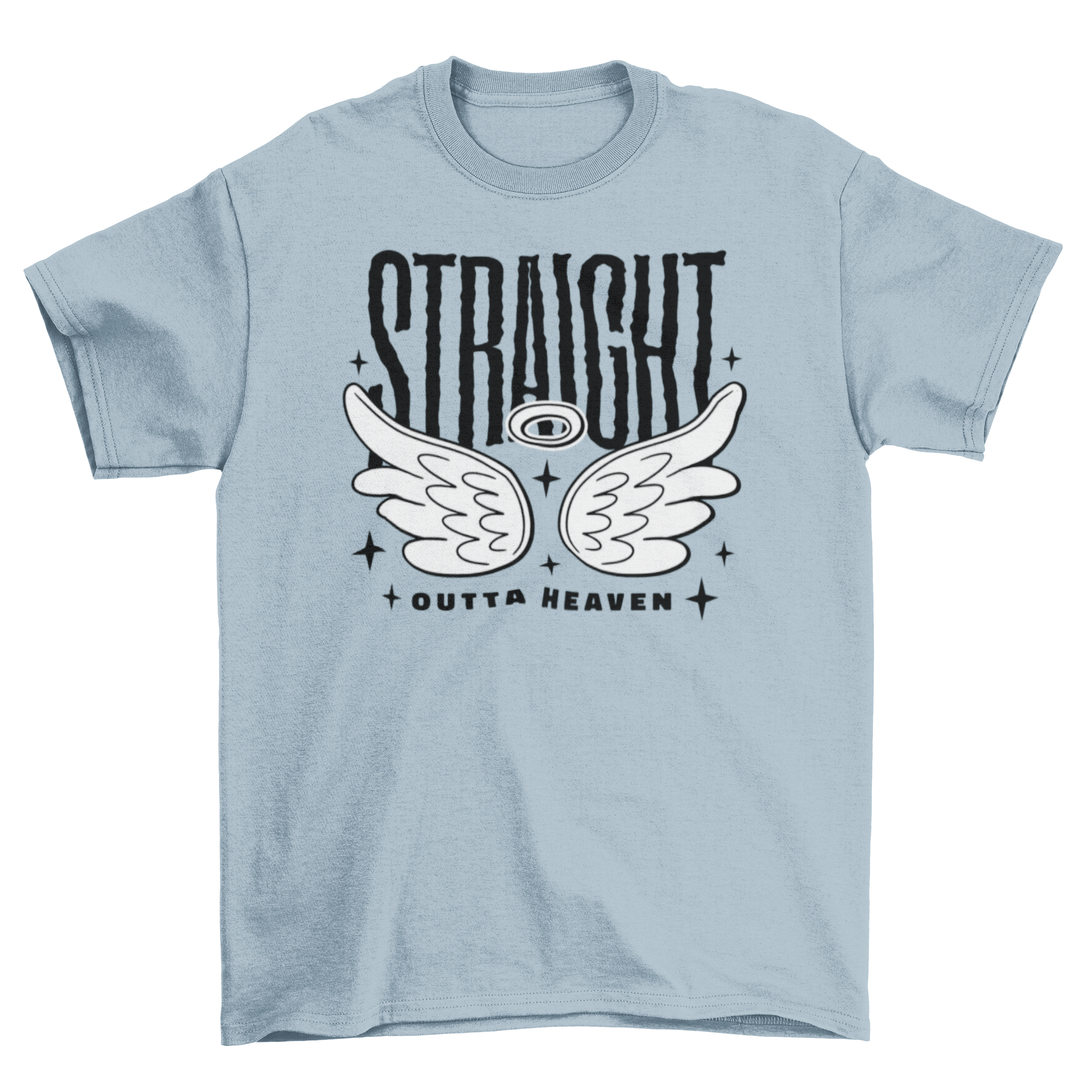 A stylish t-shirt featuring wings and the quote 'Straight Outta Heaven' in bold lettering.