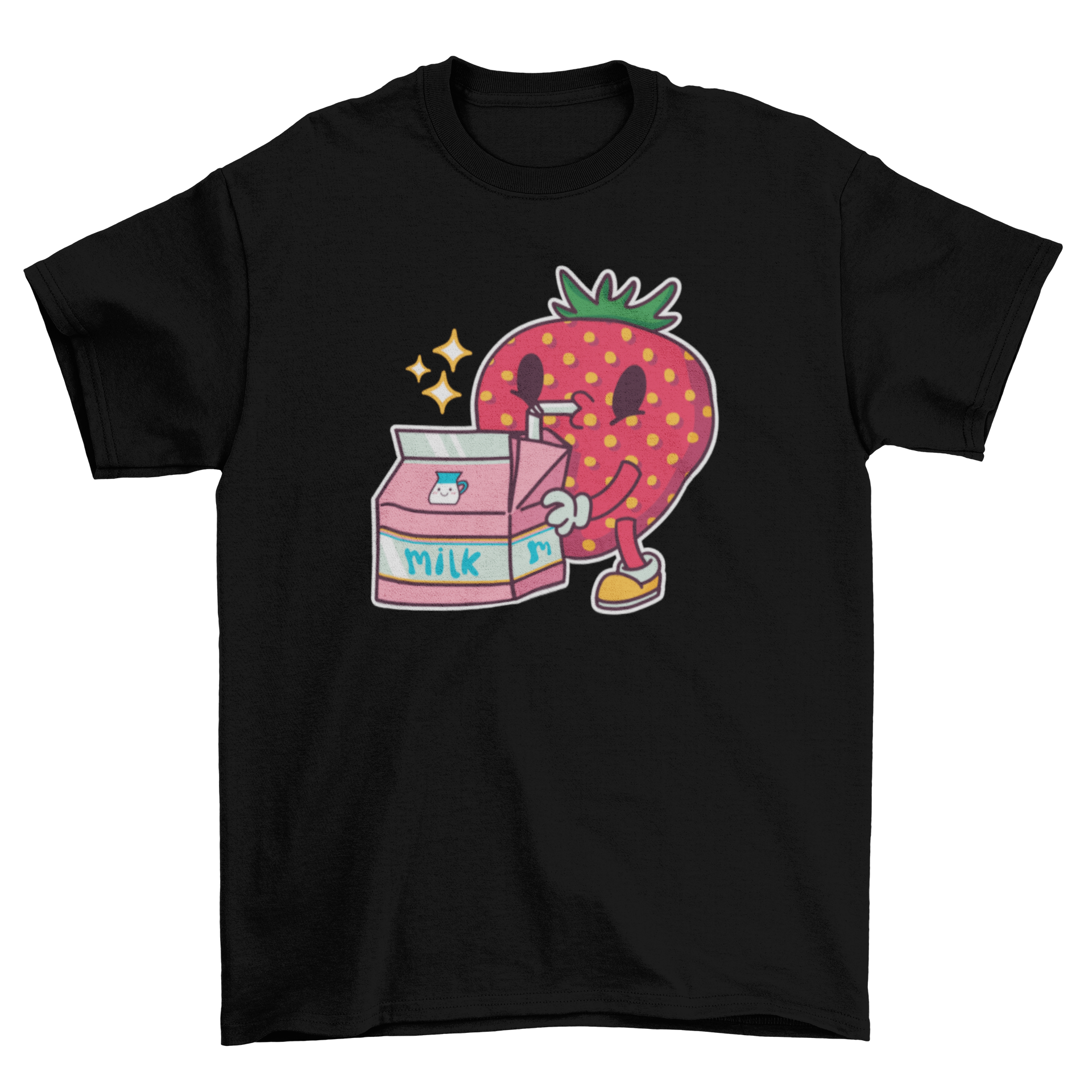 A vibrant t-shirt featuring a playful design of a strawberry drinking from a milk carton, perfect for casual wear.