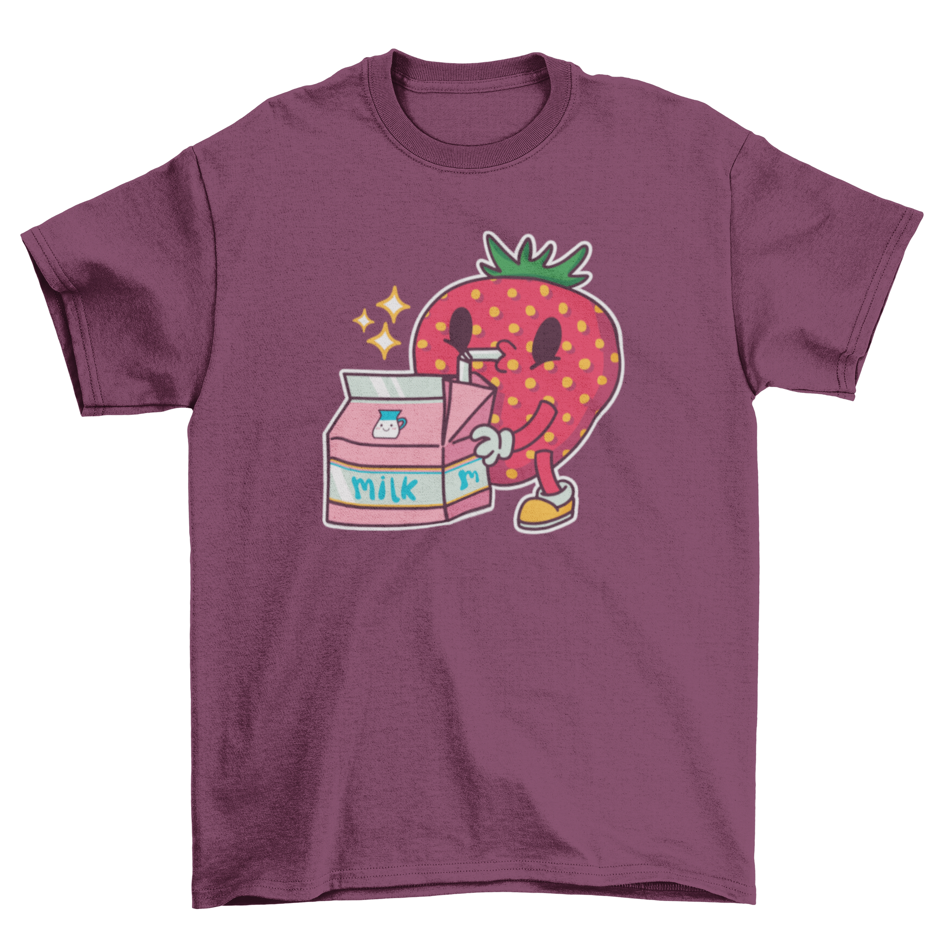 A vibrant t-shirt featuring a playful design of a strawberry drinking from a milk carton, perfect for casual wear.