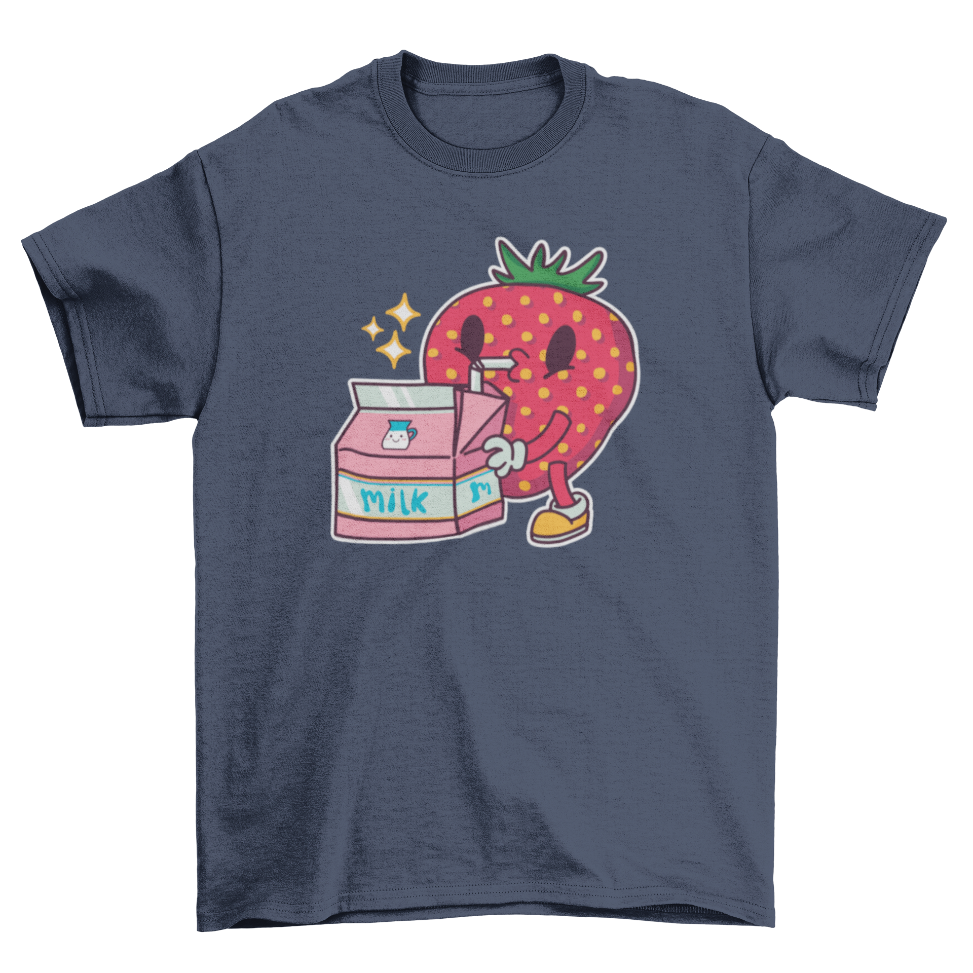 A vibrant t-shirt featuring a playful design of a strawberry drinking from a milk carton, perfect for casual wear.