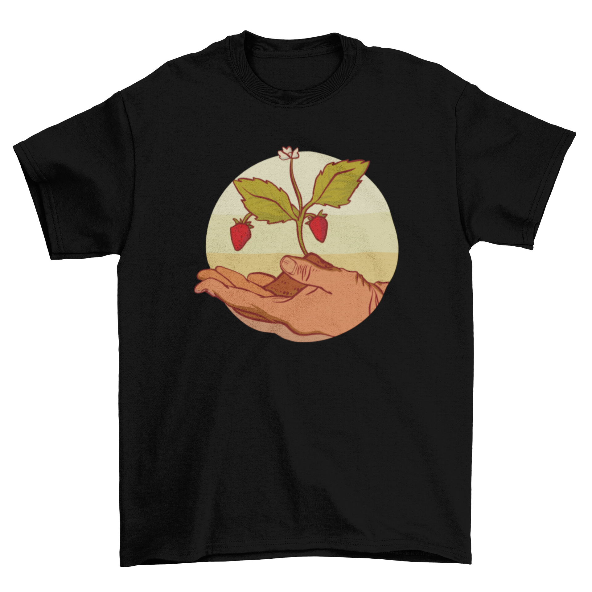 A stylish t-shirt featuring a design of two hands holding a strawberry plant, symbolizing nature and gardening.