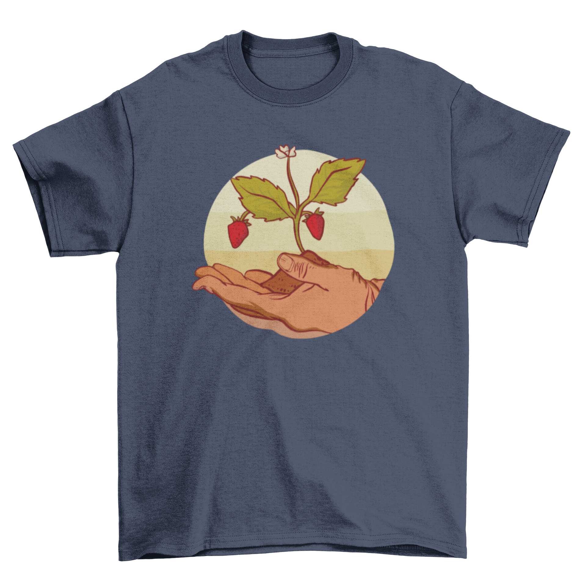 A stylish t-shirt featuring a design of two hands holding a strawberry plant, symbolizing nature and gardening.