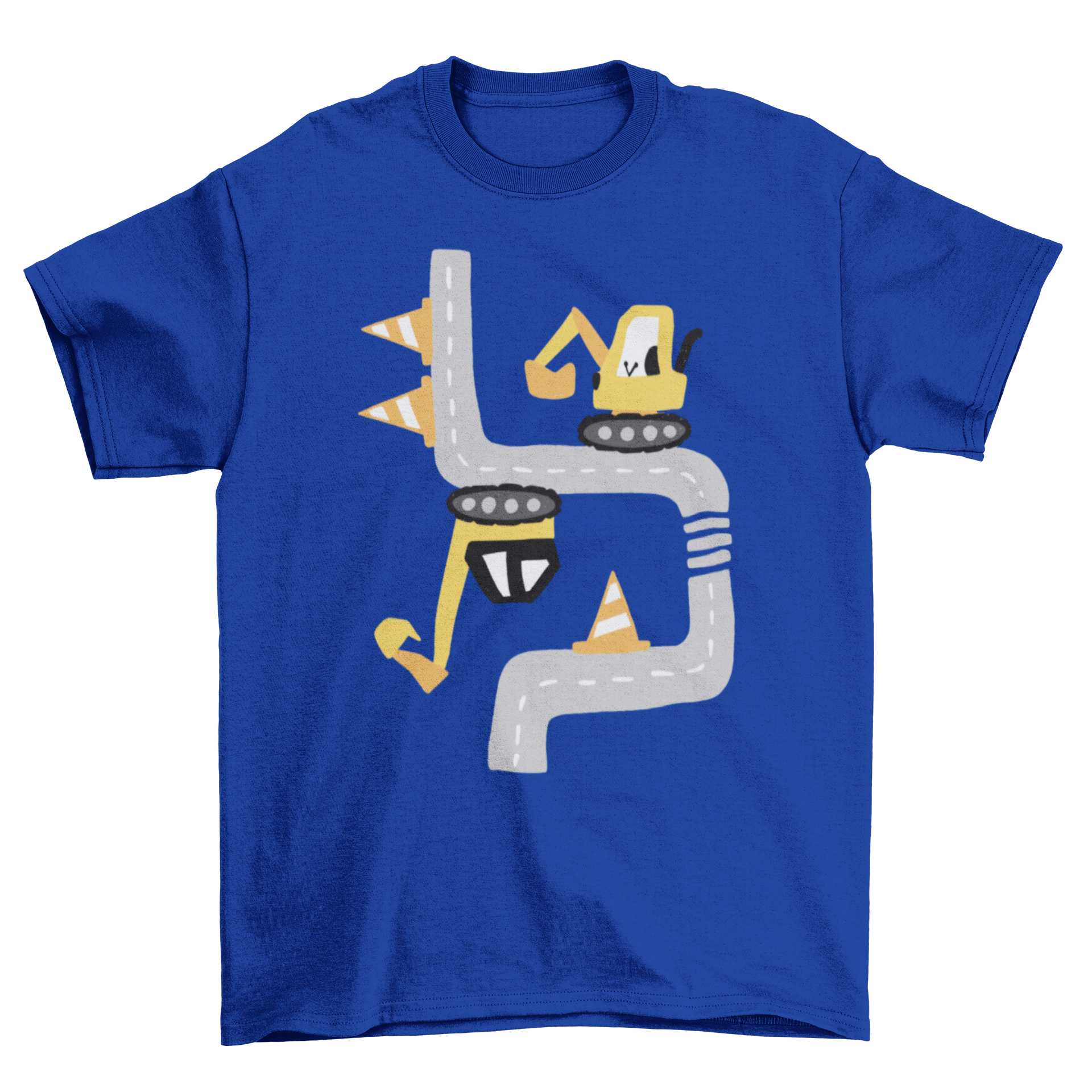 A colorful cartoon t-shirt featuring excavators in a street construction scene, perfect for kids who love construction.