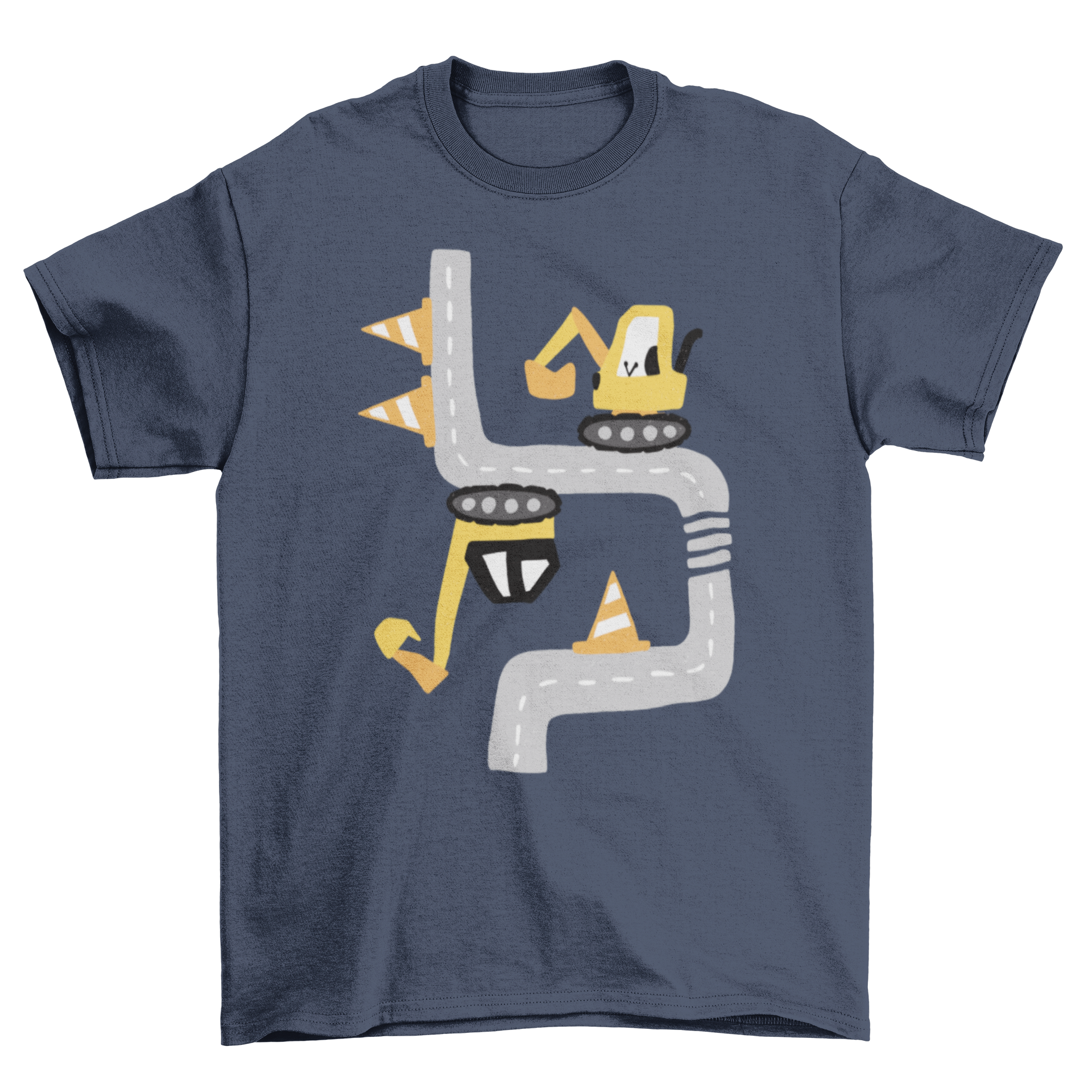 A colorful cartoon t-shirt featuring excavators in a street construction scene, perfect for kids who love construction.