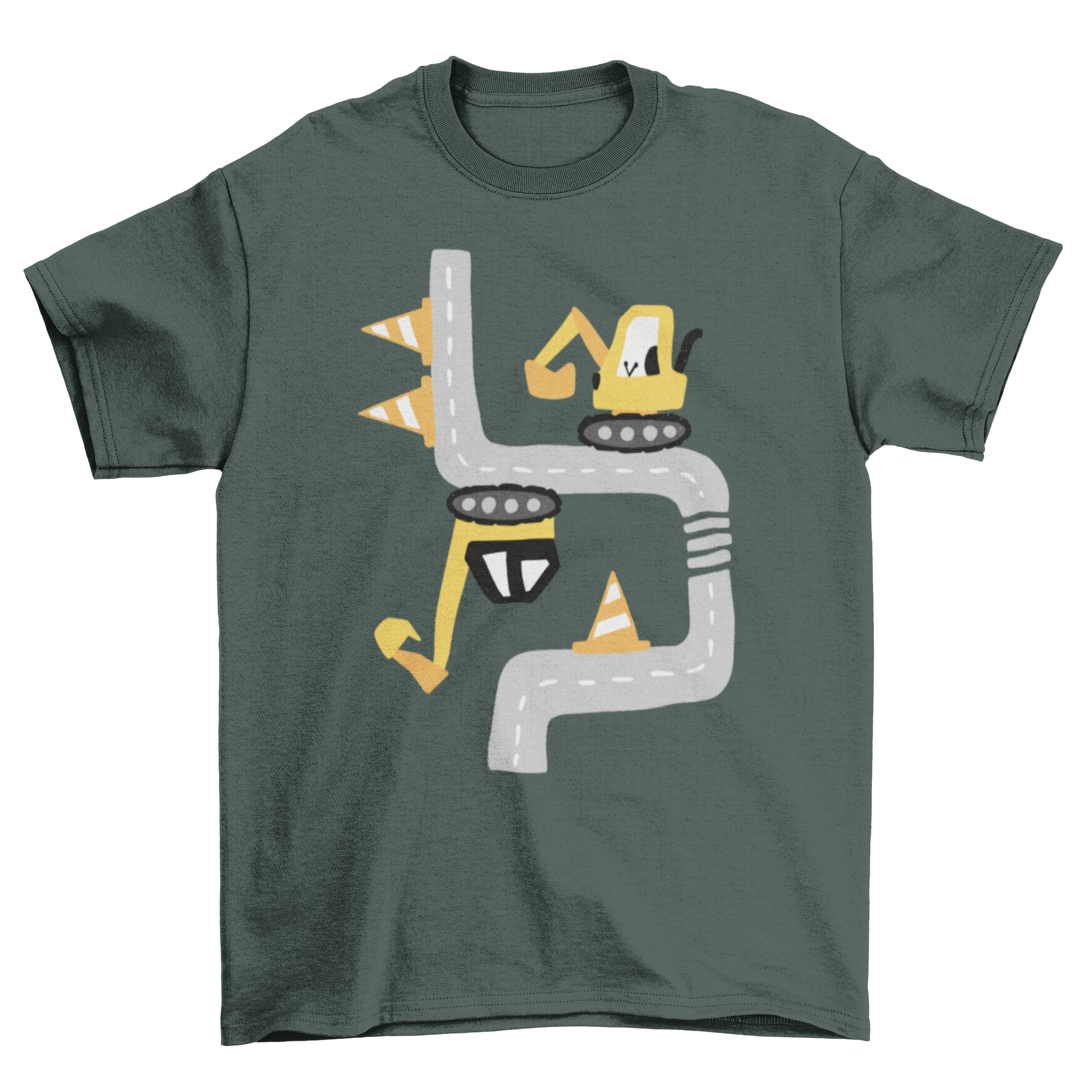 A colorful cartoon t-shirt featuring excavators in a street construction scene, perfect for kids who love construction.