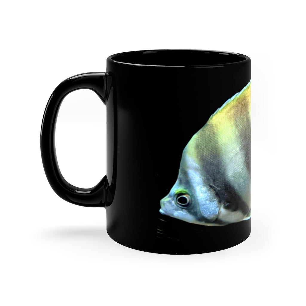 Striped Fish 11oz black ceramic mug with a C-handle, perfect for coffee, tea, or hot chocolate, featuring customizable design options.