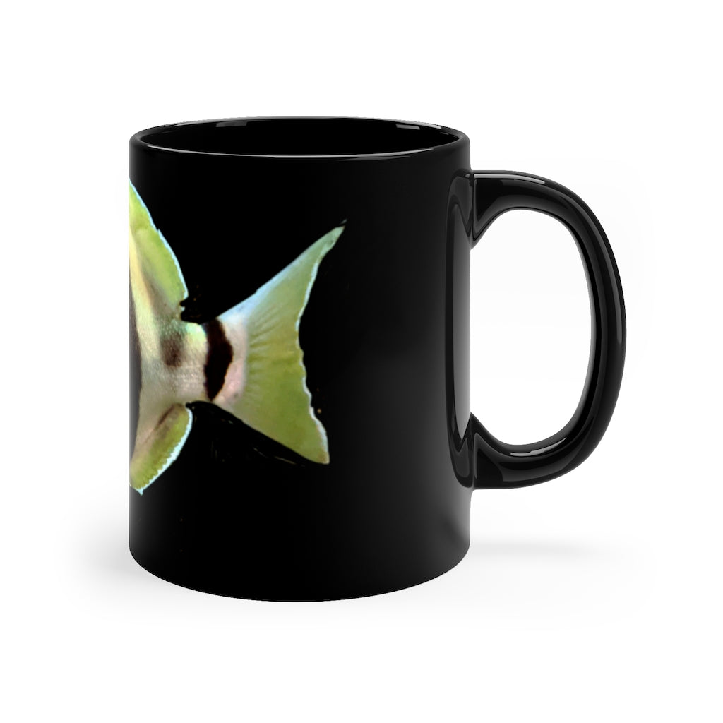 Striped Fish 11oz black ceramic mug with a C-handle, perfect for coffee, tea, or hot chocolate, featuring customizable design options.