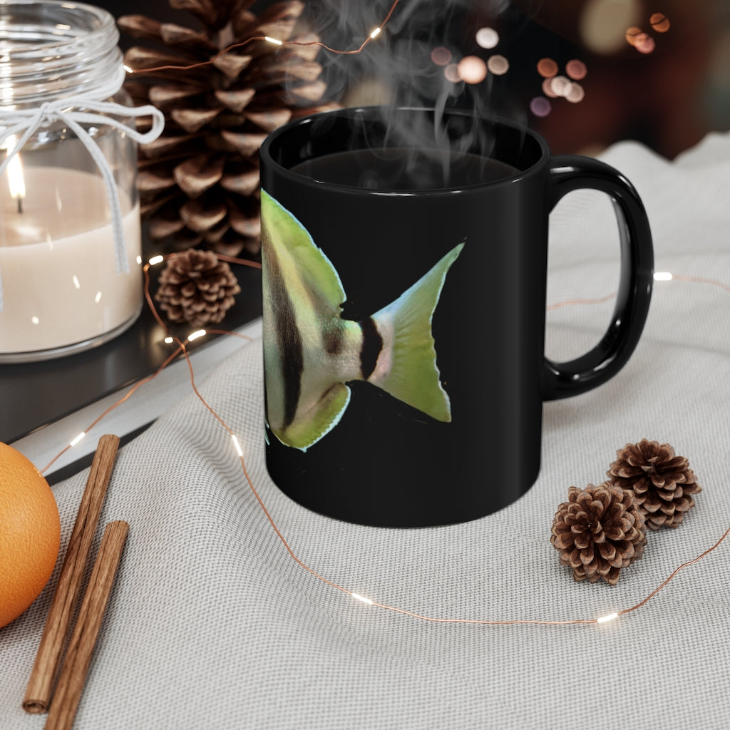 Striped Fish 11oz black ceramic mug with a C-handle, perfect for coffee, tea, or hot chocolate, featuring customizable design options.