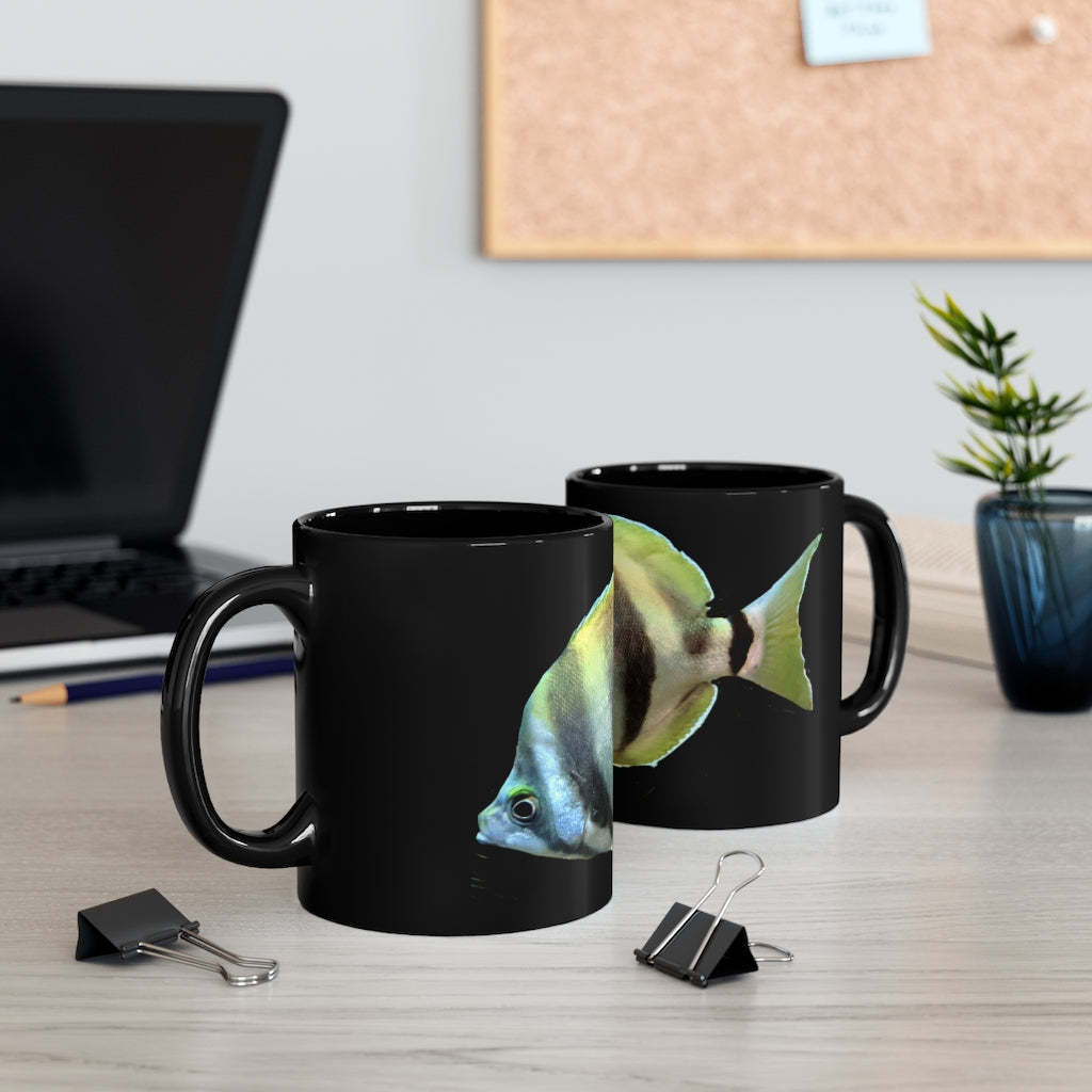 Striped Fish 11oz black ceramic mug with a C-handle, perfect for coffee, tea, or hot chocolate, featuring customizable design options.