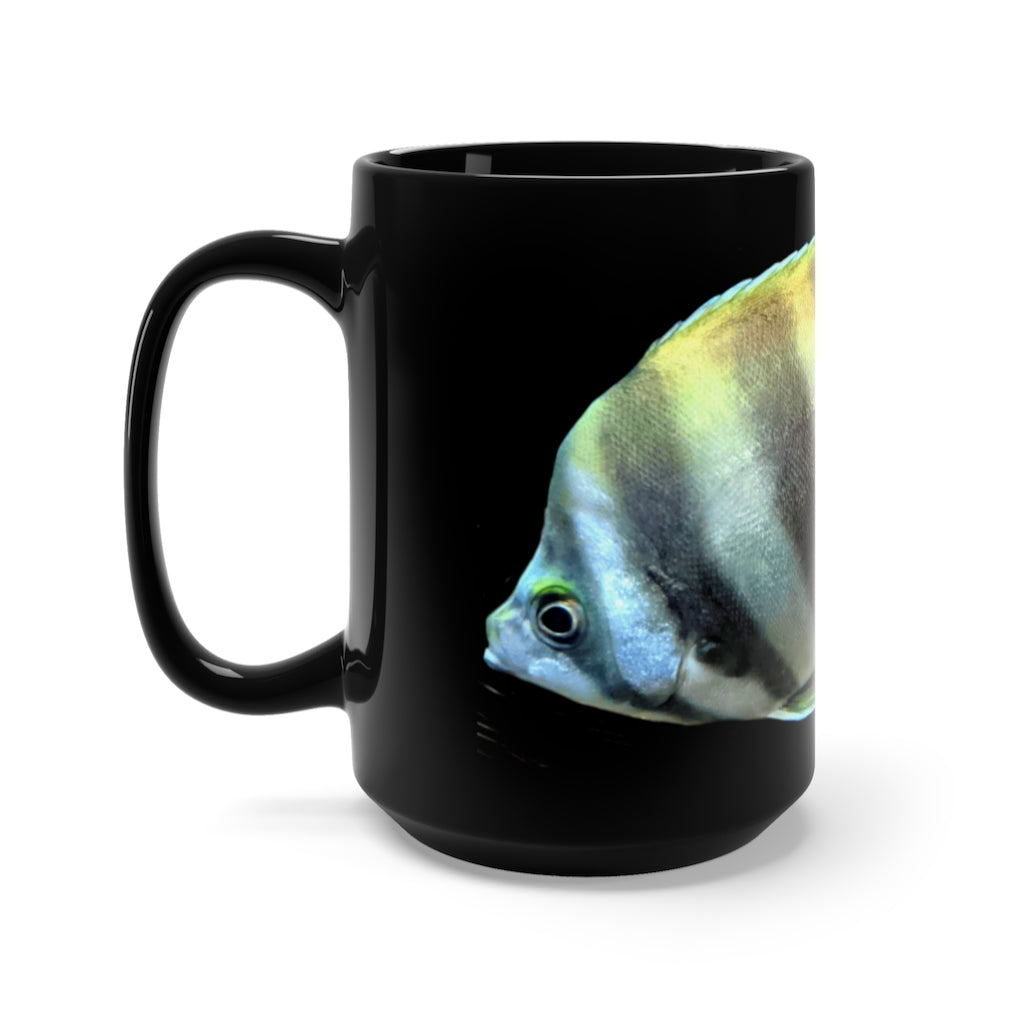 A stylish 15oz black ceramic mug featuring a unique striped fish design, perfect for coffee and tea lovers.