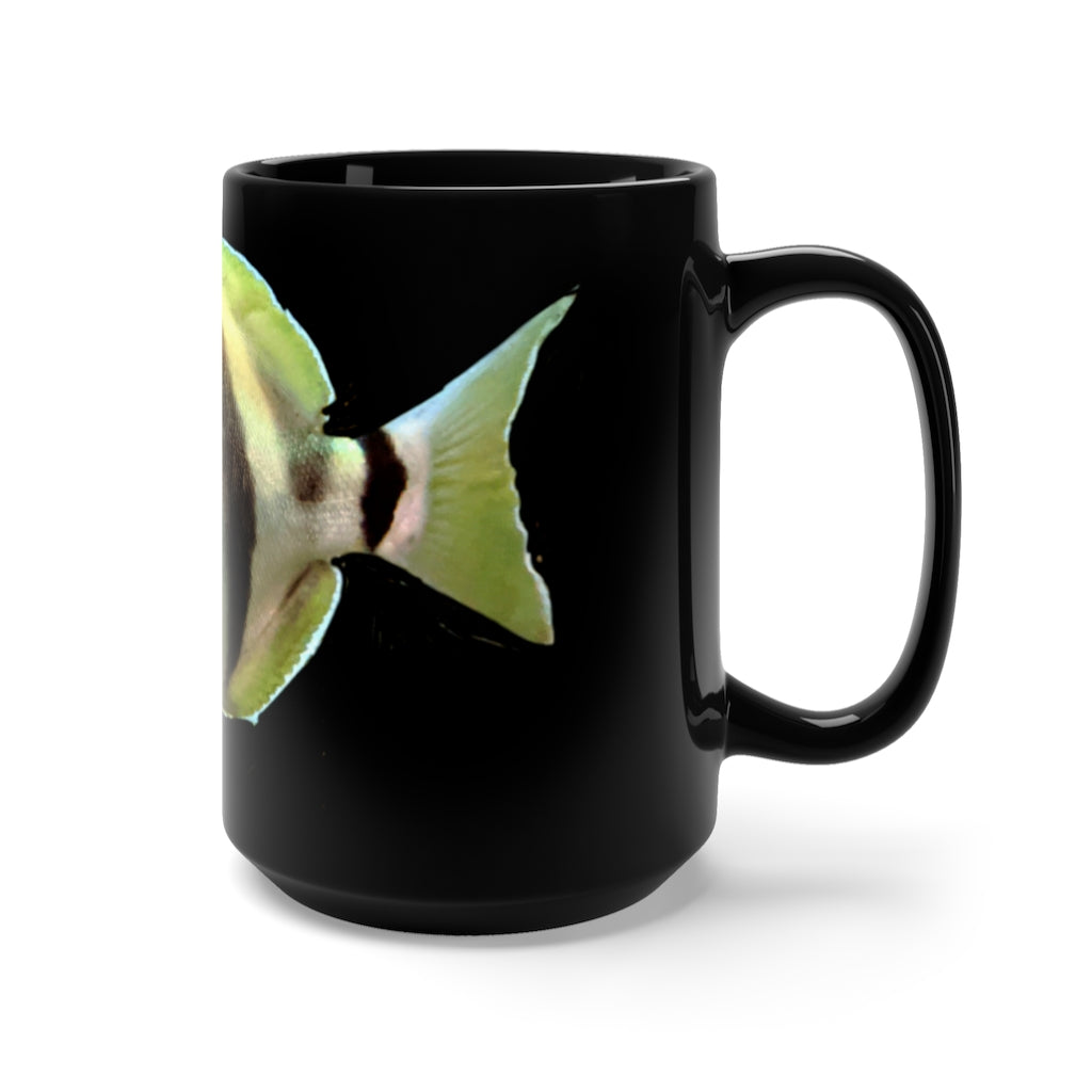 A stylish 15oz black ceramic mug featuring a unique striped fish design, perfect for coffee and tea lovers.