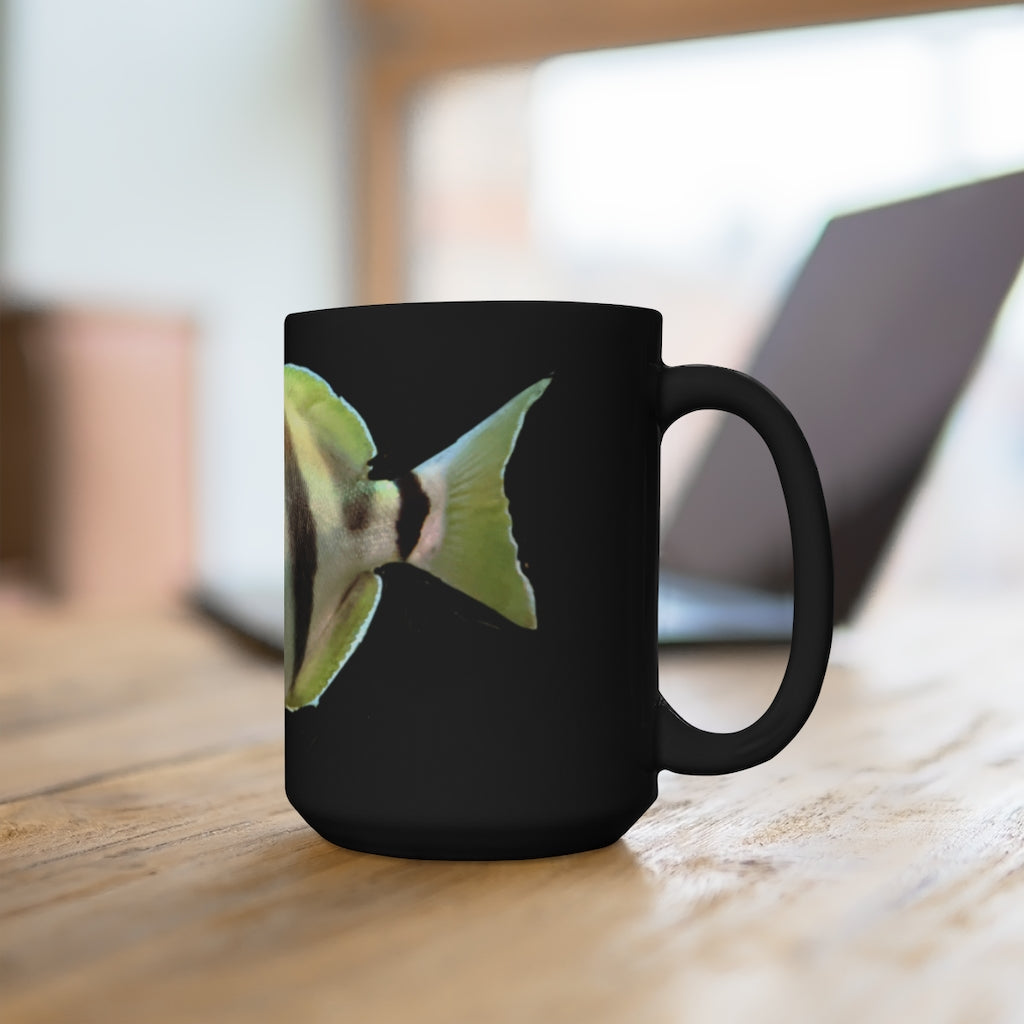 A stylish 15oz black ceramic mug featuring a unique striped fish design, perfect for coffee and tea lovers.