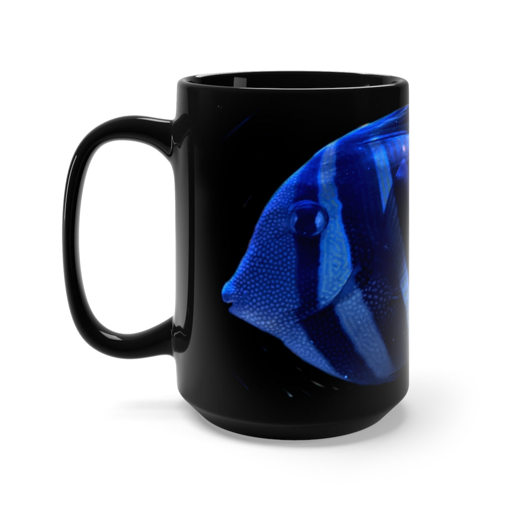 Striped Fish Black Mug 15oz featuring a sleek black ceramic design with rounded corners and a comfortable C-handle.