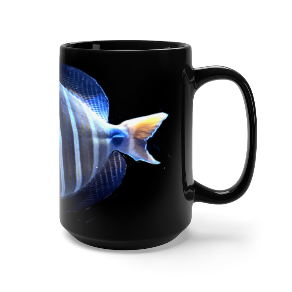 Striped Fish Black Mug 15oz featuring a sleek black ceramic design with rounded corners and a comfortable C-handle.