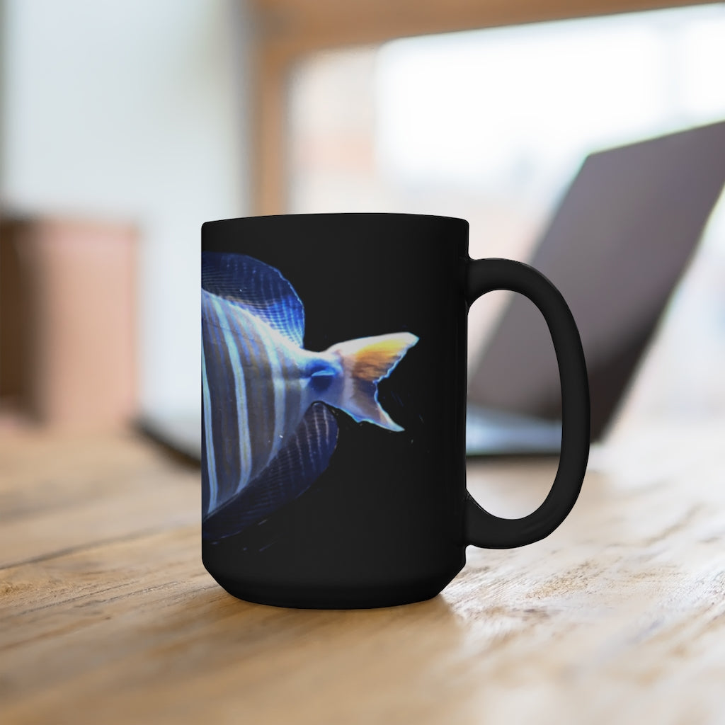 Striped Fish Black Mug 15oz featuring a sleek black ceramic design with rounded corners and a comfortable C-handle.