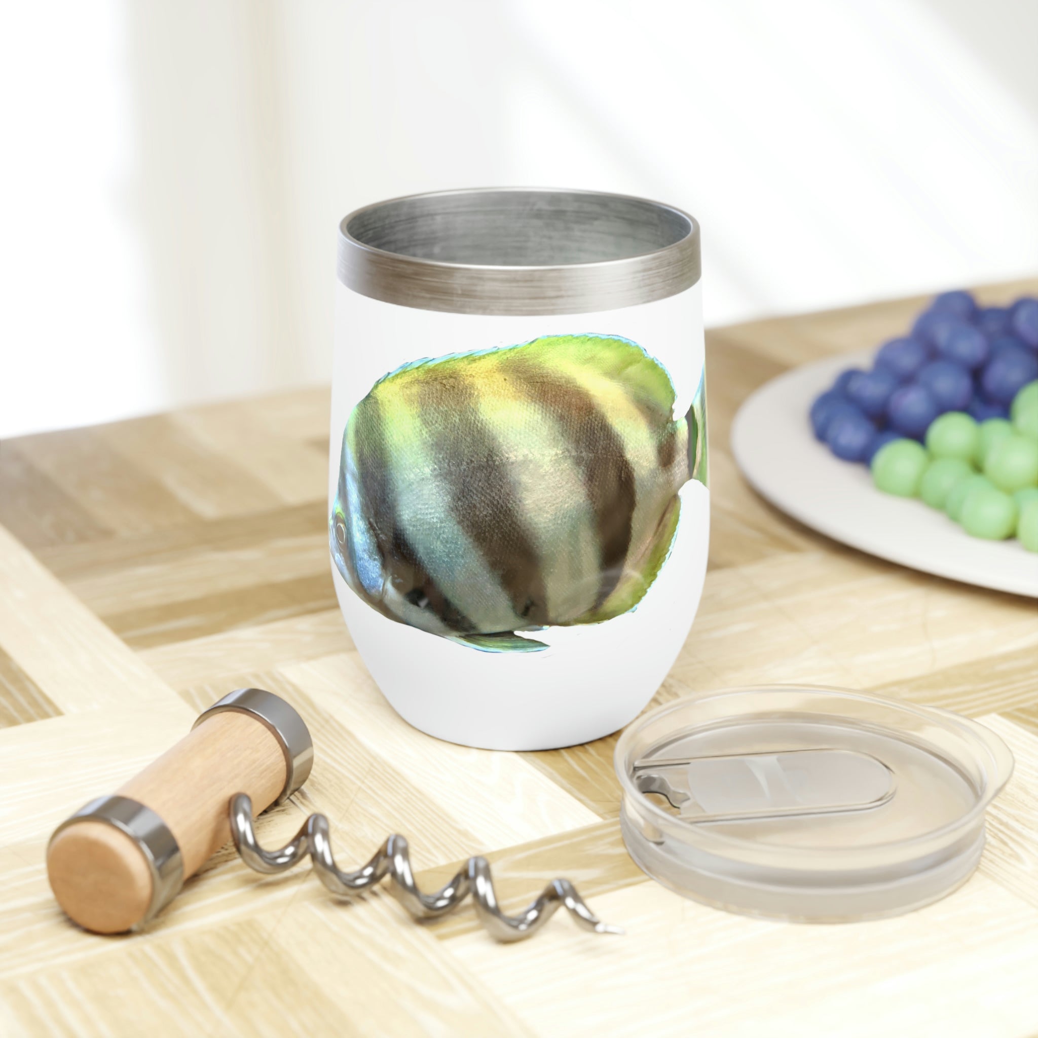 Striped Fish Chill Wine Tumbler in stainless steel with a stylish design, perfect for wine and other beverages.