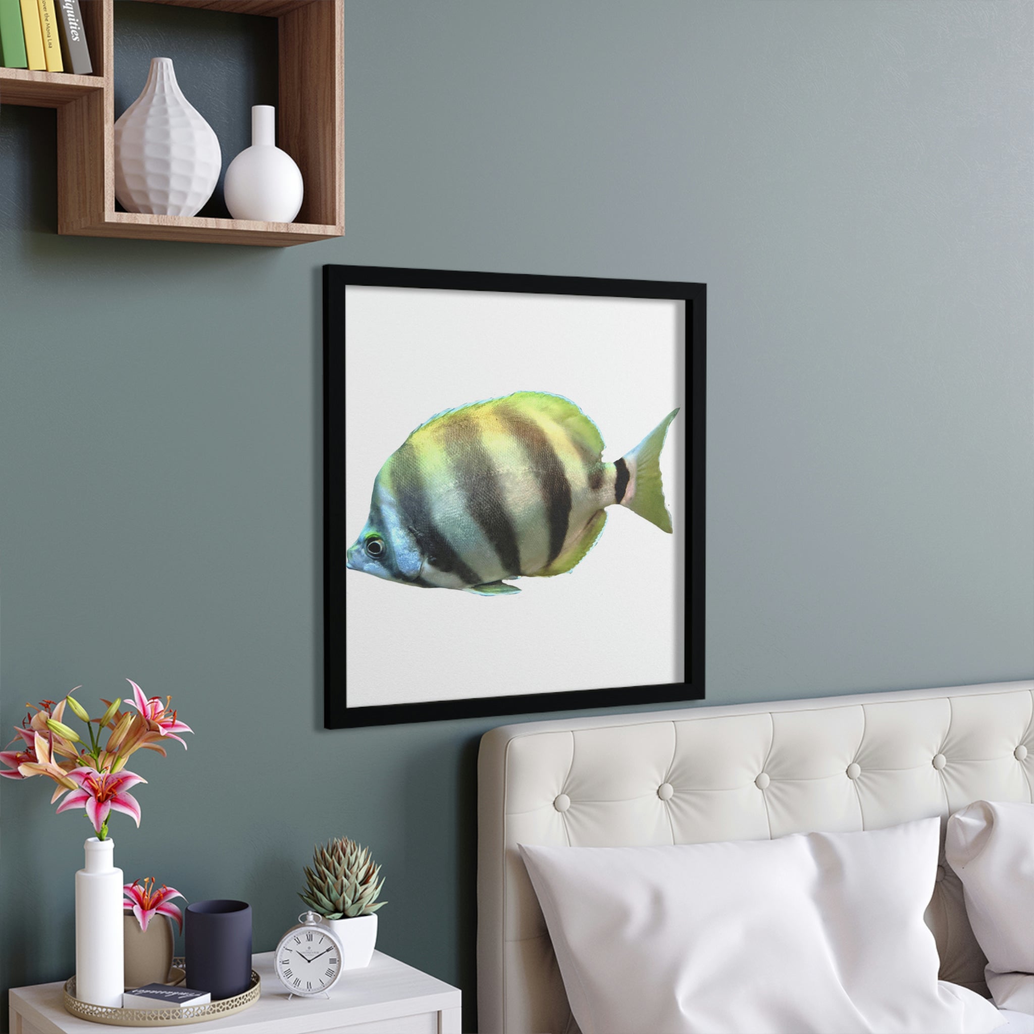 Striped Fish Framed Poster featuring a hand-crafted wooden frame, vibrant colors, and sustainable design, perfect for home decor.