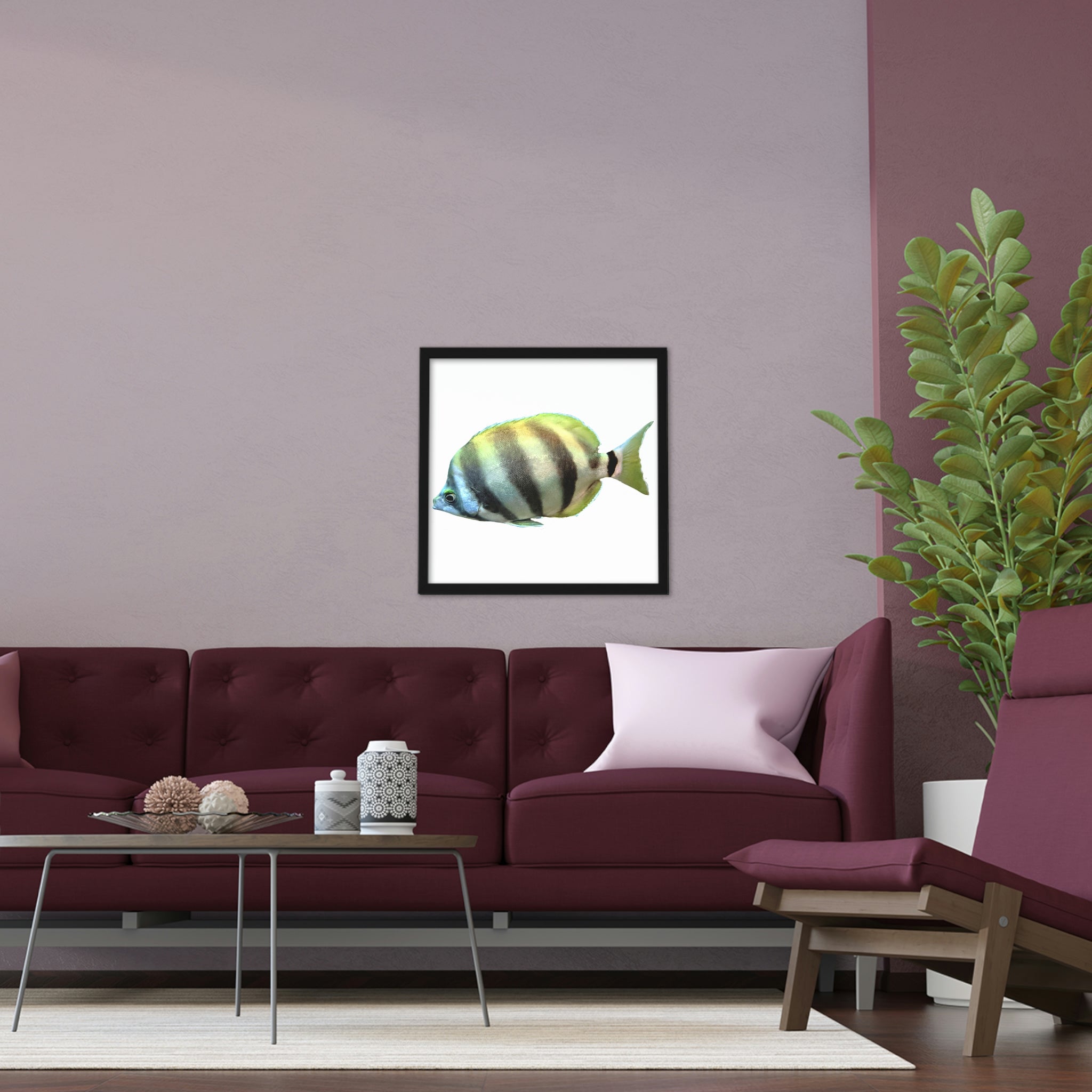 Striped Fish Framed Poster featuring a hand-crafted wooden frame, vibrant colors, and sustainable design, perfect for home decor.