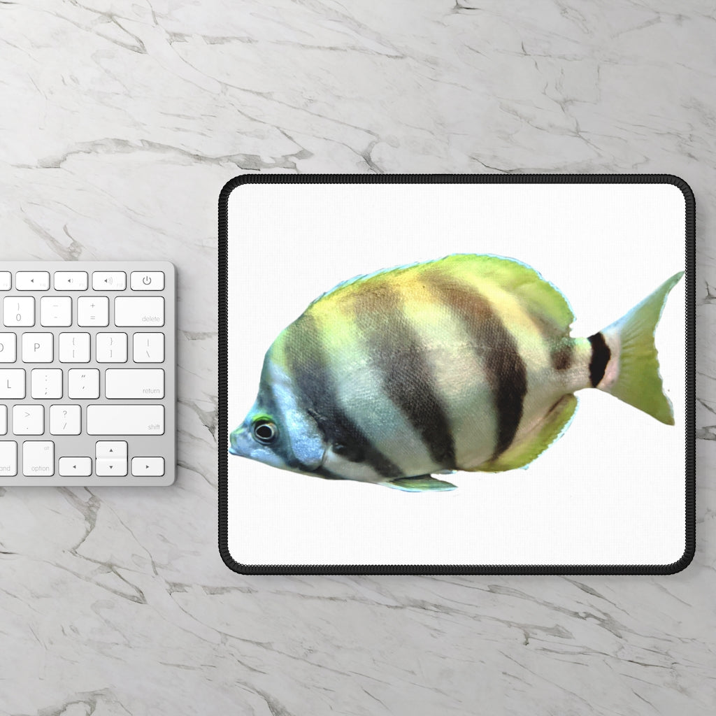 Striped Fish Gaming Mouse Pad featuring vibrant colors and stitched edges, ideal for gaming and office use.