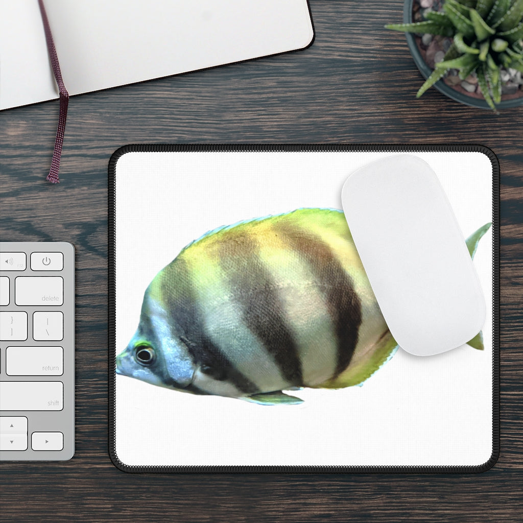 Striped Fish Gaming Mouse Pad featuring vibrant colors and stitched edges, ideal for gaming and office use.